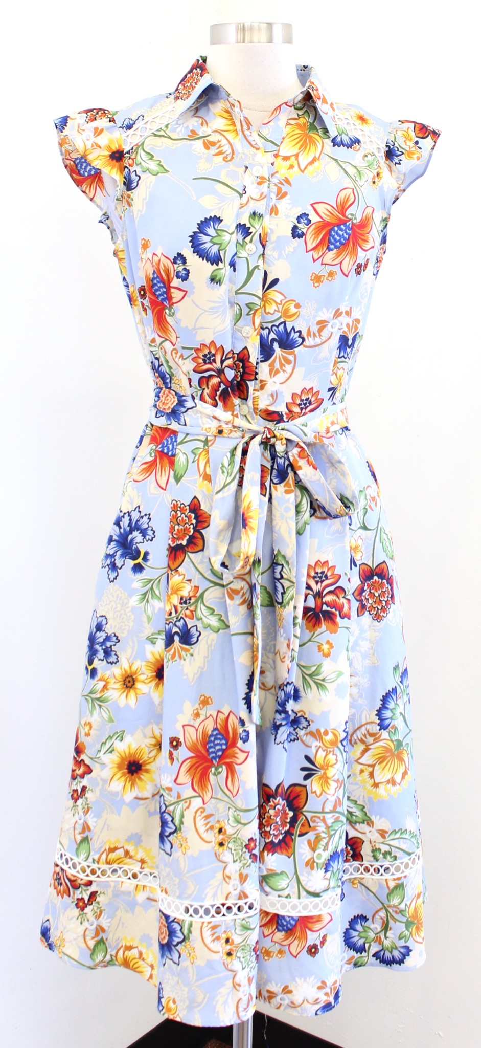 Tahari ASL Levine Blue Floral Flutter Sleeve Tie Waist Shirt Dress Size 2 Spring
