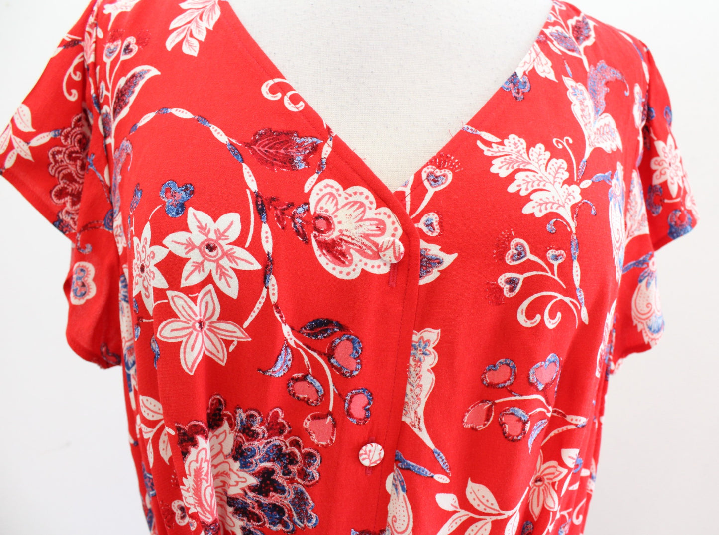 Talbots Red Blue Floral Tie Waist Belted Midi Shirt Dress Size 12 V Neck
