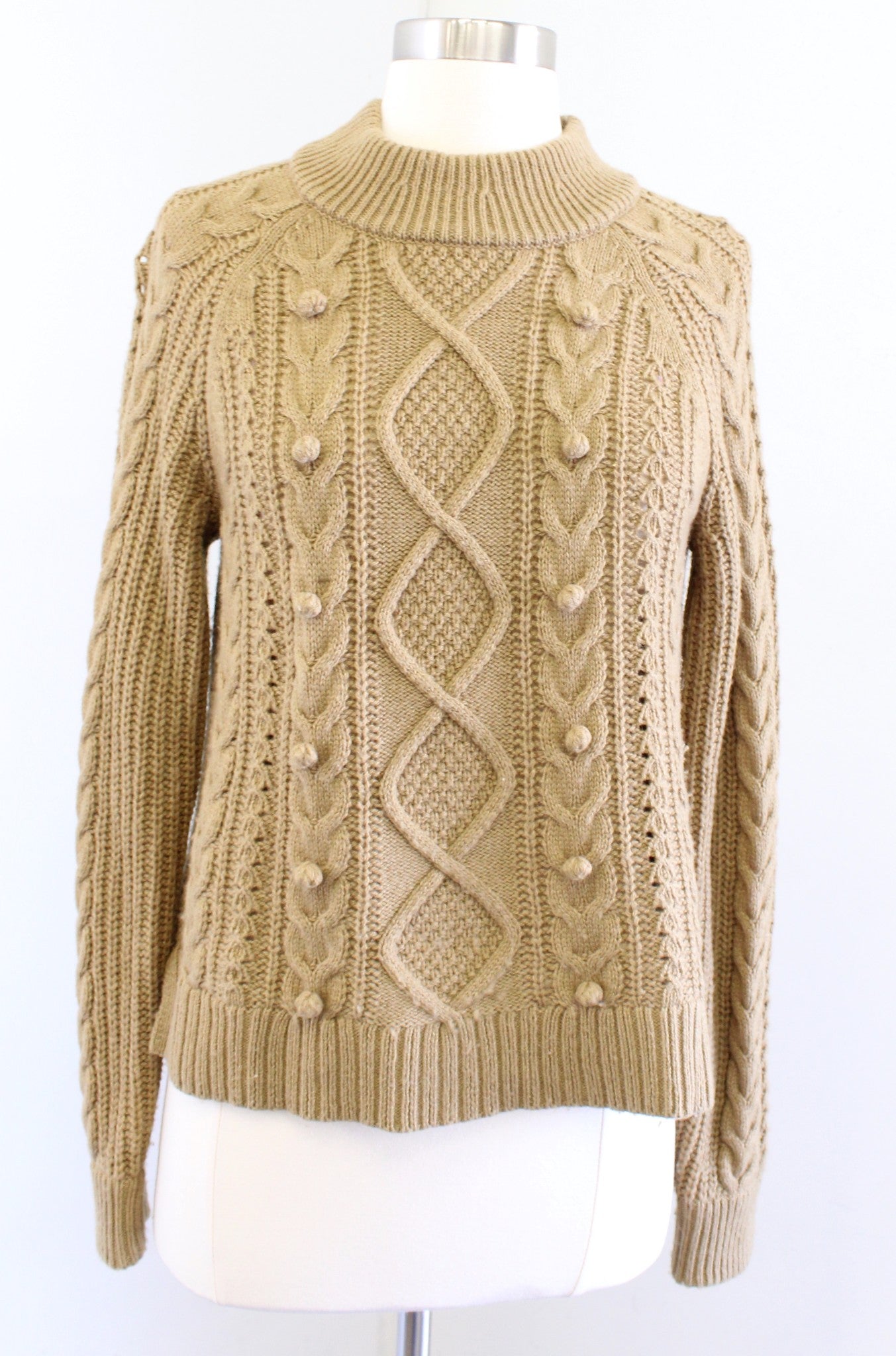 J Crew Womens Tan Pompom Cable Knit Pullover Sweater Size S Lambswool
