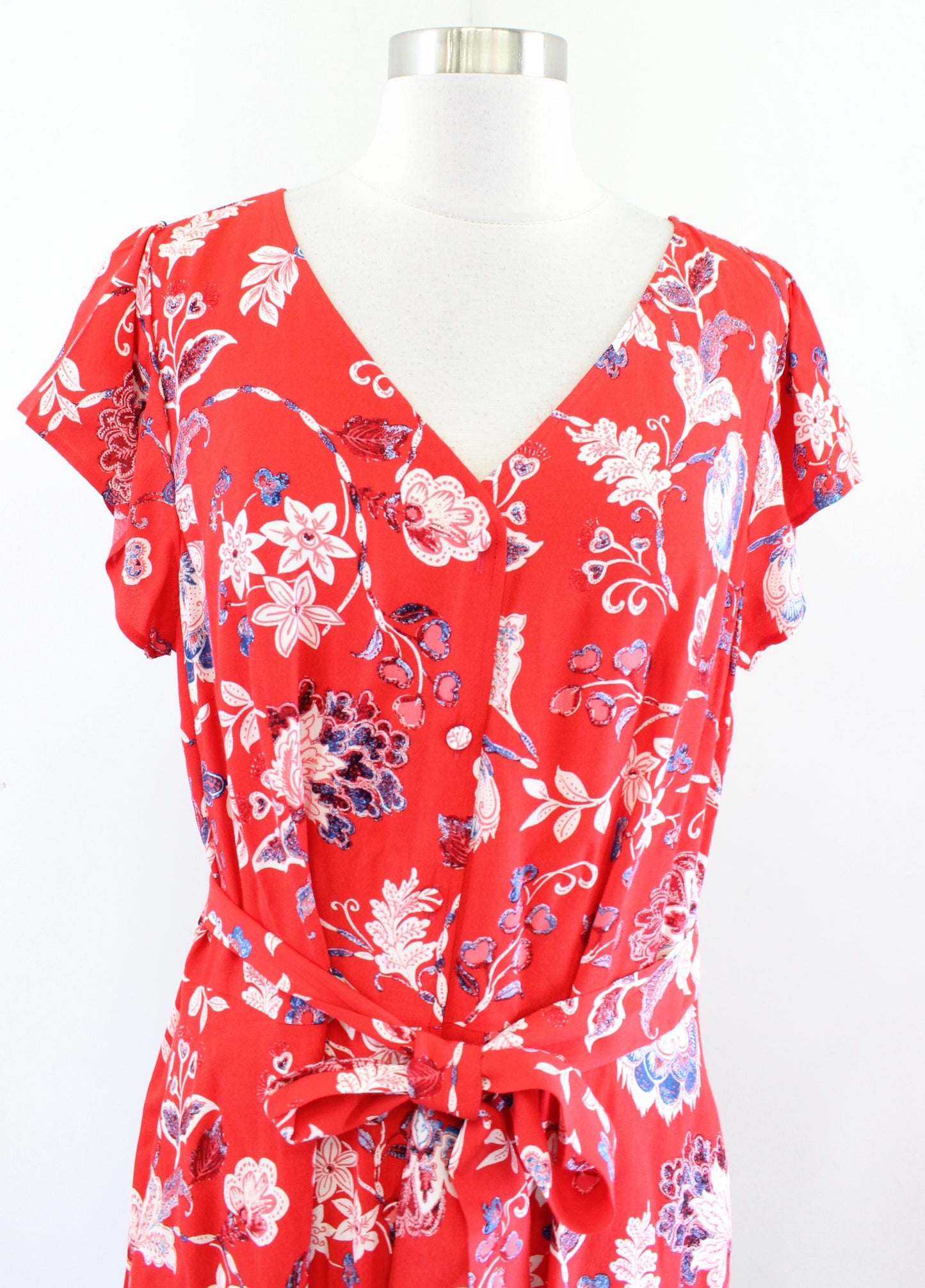Talbots Red Blue Floral Tie Waist Belted Midi Shirt Dress Size 12 V Neck