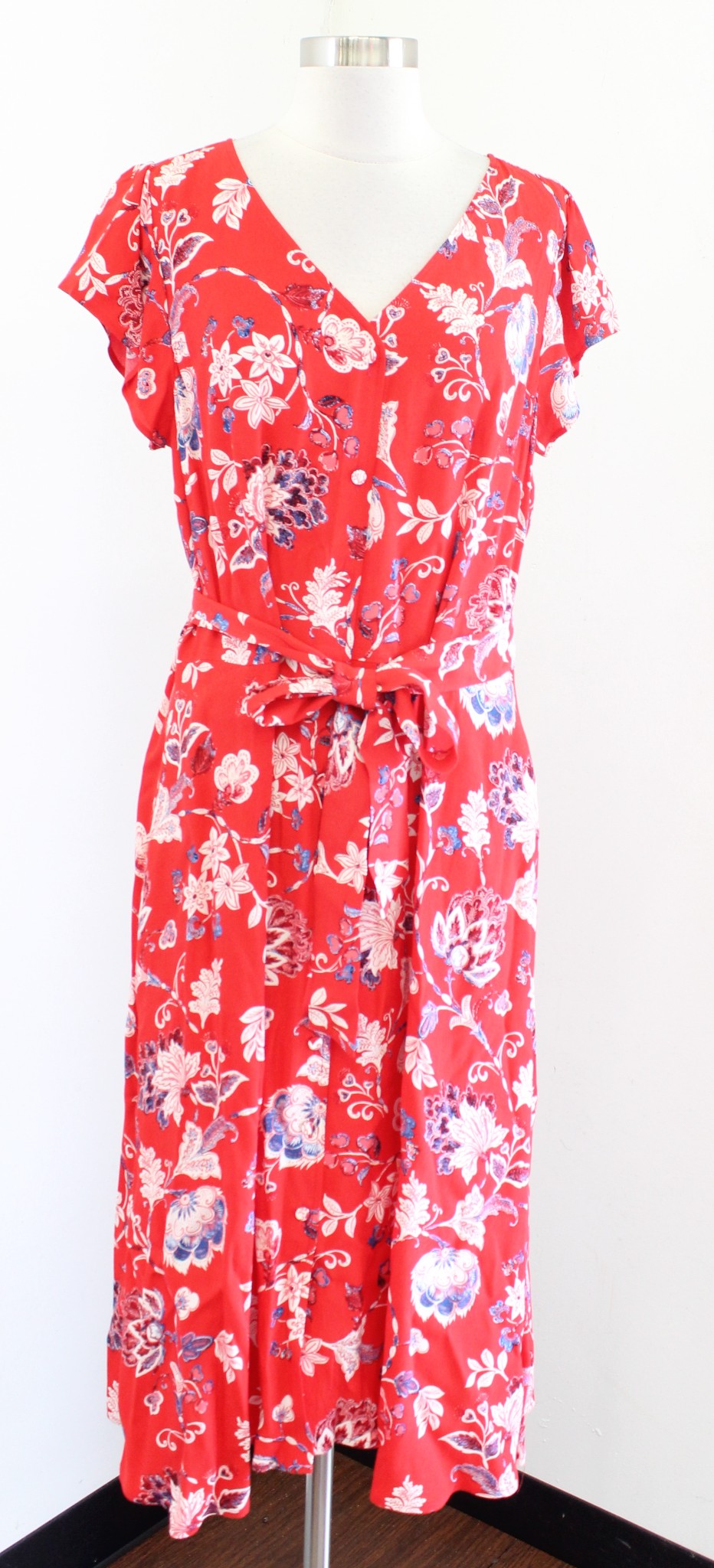 Talbots Red Blue Floral Tie Waist Belted Midi Shirt Dress Size 12 V Neck