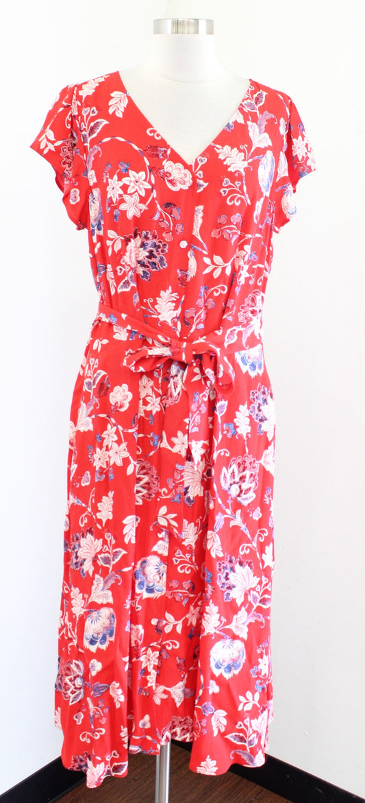 Talbots Red Blue Floral Tie Waist Belted Midi Shirt Dress Size 12 V Neck