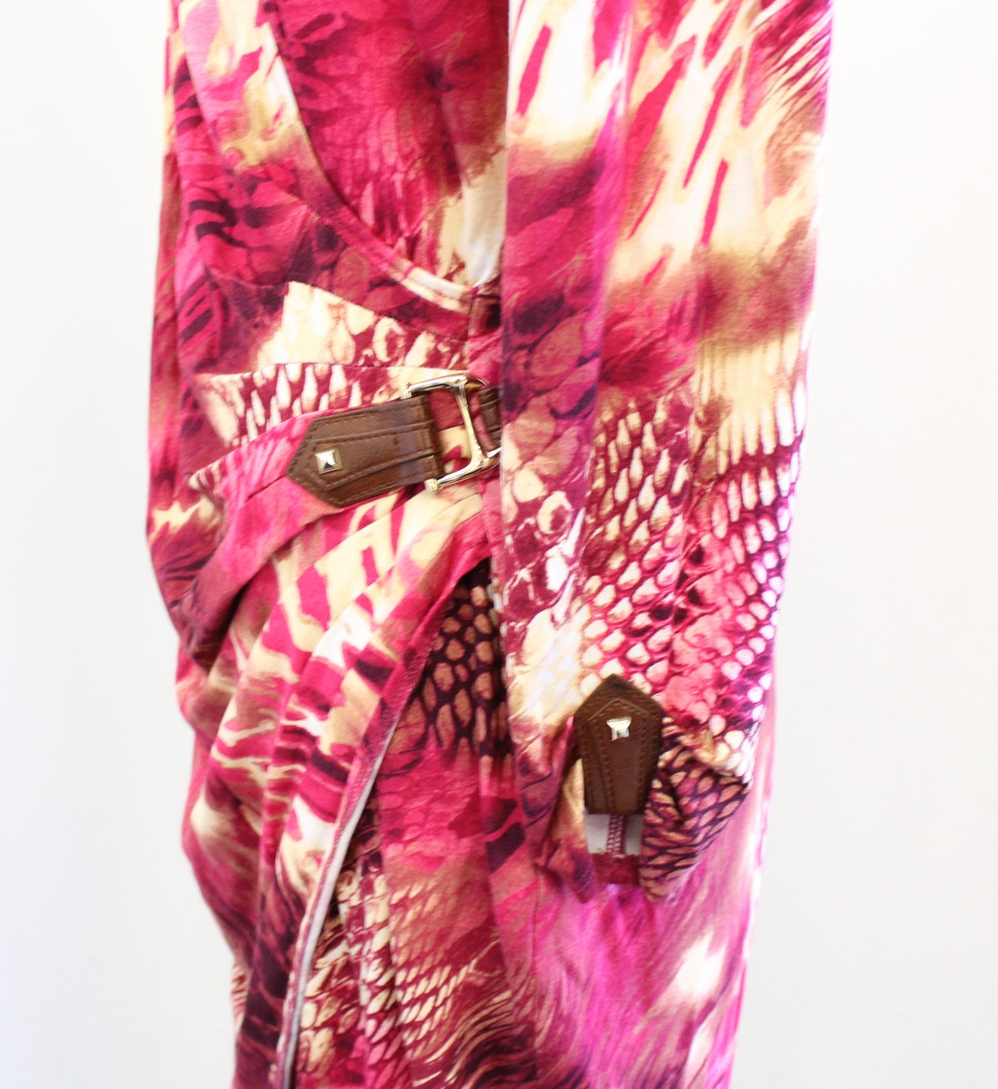 Cache Pink Abstract Animal Snakeskin Print Ruched Sheath Dress Size XL V Neck