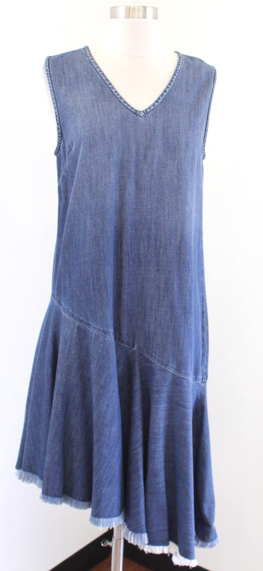 Cloth and Stone Anthropologie Denim Asymmetrical Hem Frayed Dress Size S V Neck