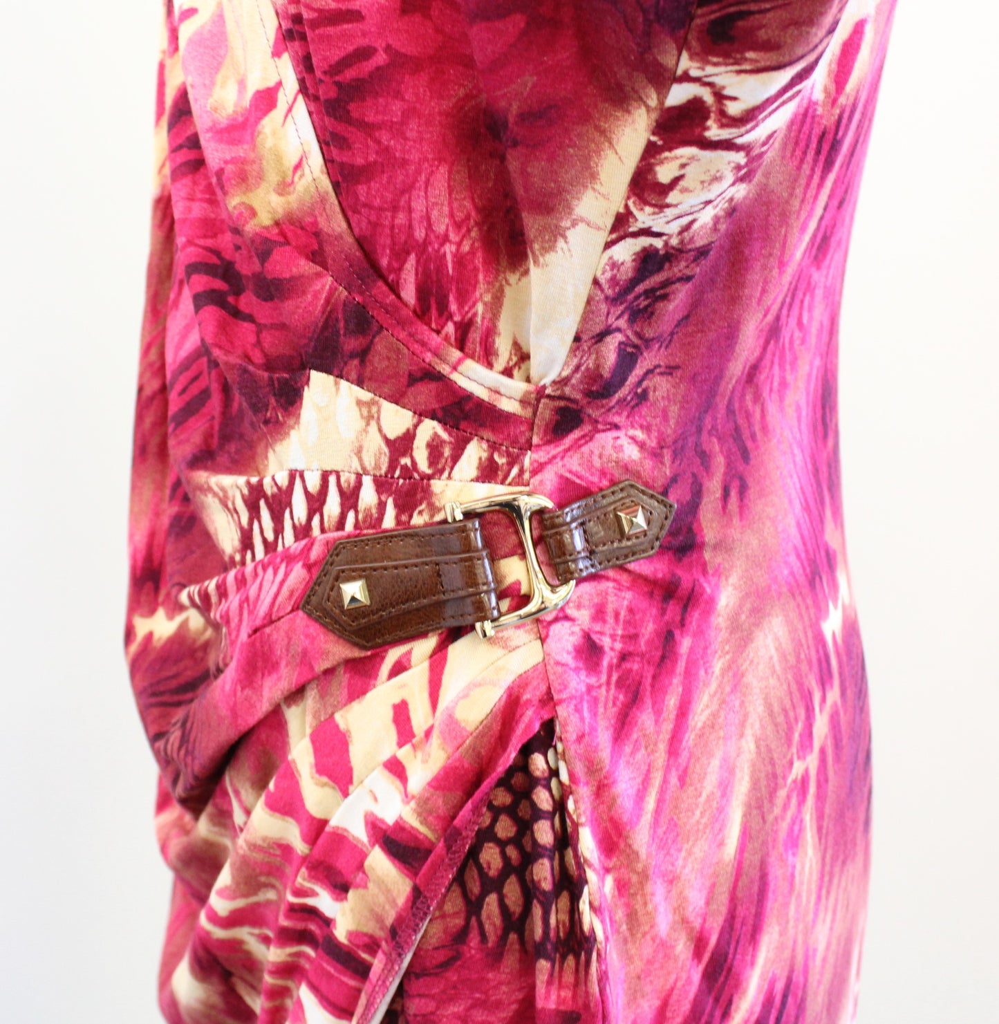 Cache Pink Abstract Animal Snakeskin Print Ruched Sheath Dress Size XL V Neck