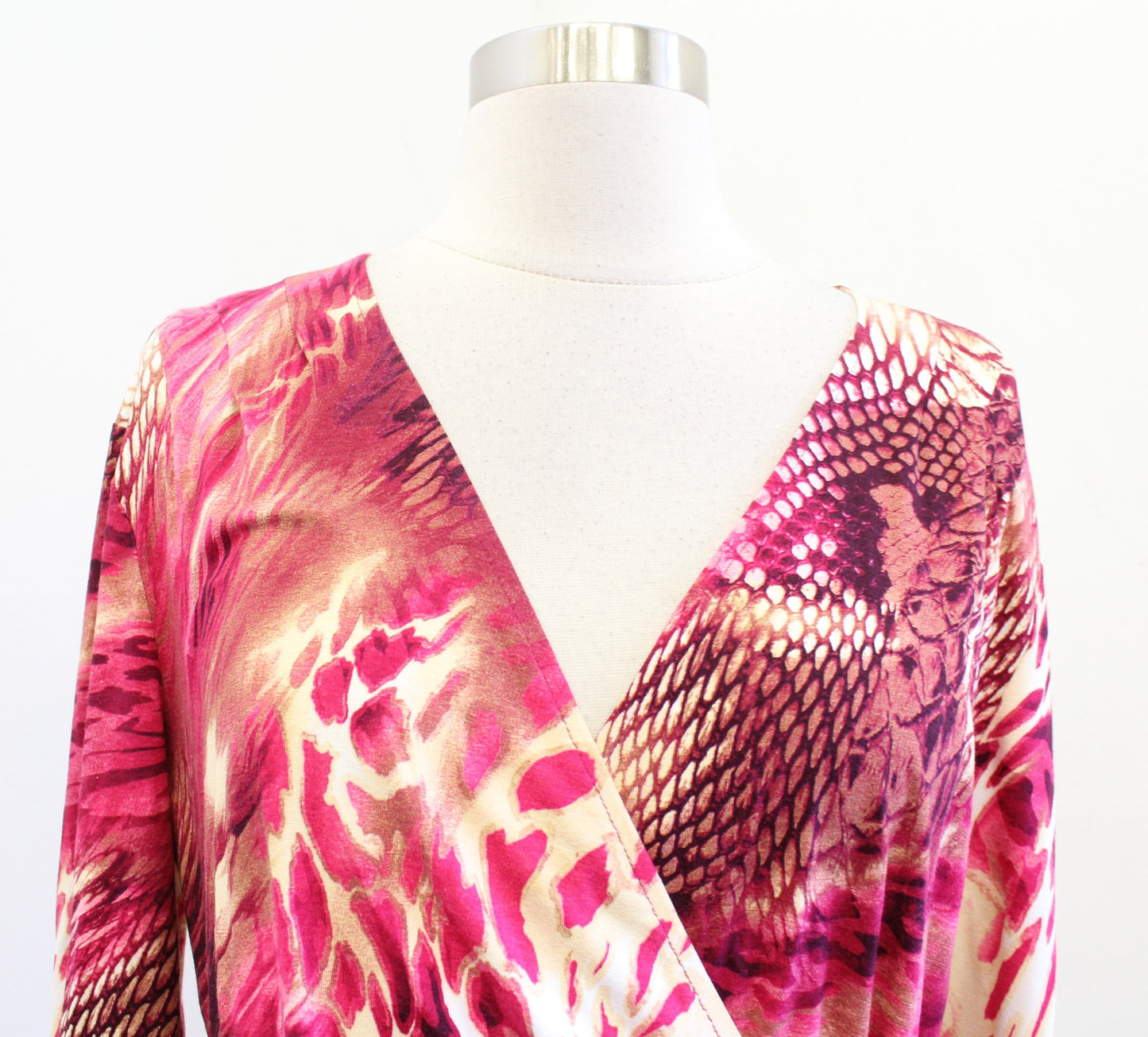 Cache Pink Abstract Animal Snakeskin Print Ruched Sheath Dress Size XL V Neck