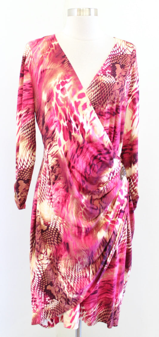 Cache Pink Abstract Animal Snakeskin Print Ruched Sheath Dress Size XL V Neck