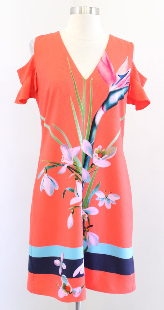 Ted Baker Leea Orange Colorful Floral Print Cold Shoulder Dress Size 2 V Neck