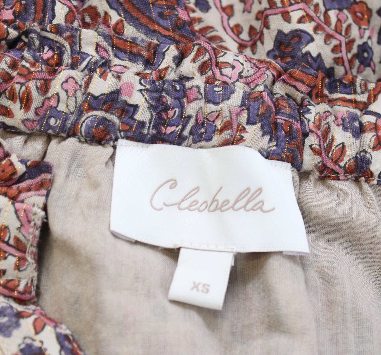 Cleobella Lola Metallic Paisley Print Ruffle Peasant Midi Dress Size XS V Neck
