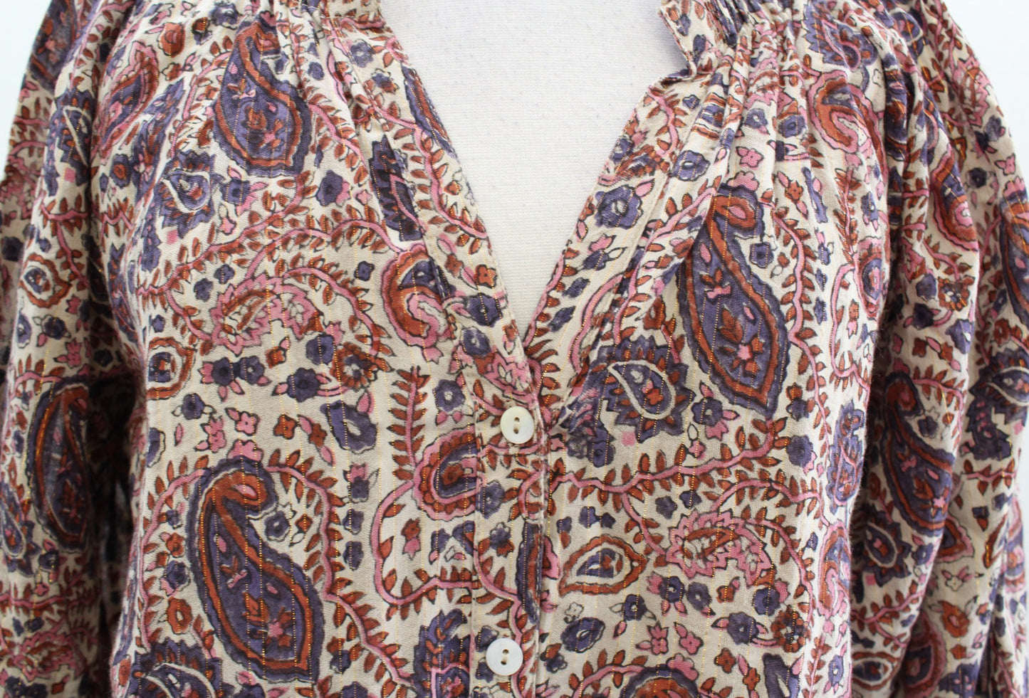 Cleobella Lola Metallic Paisley Print Ruffle Peasant Midi Dress Size XS V Neck