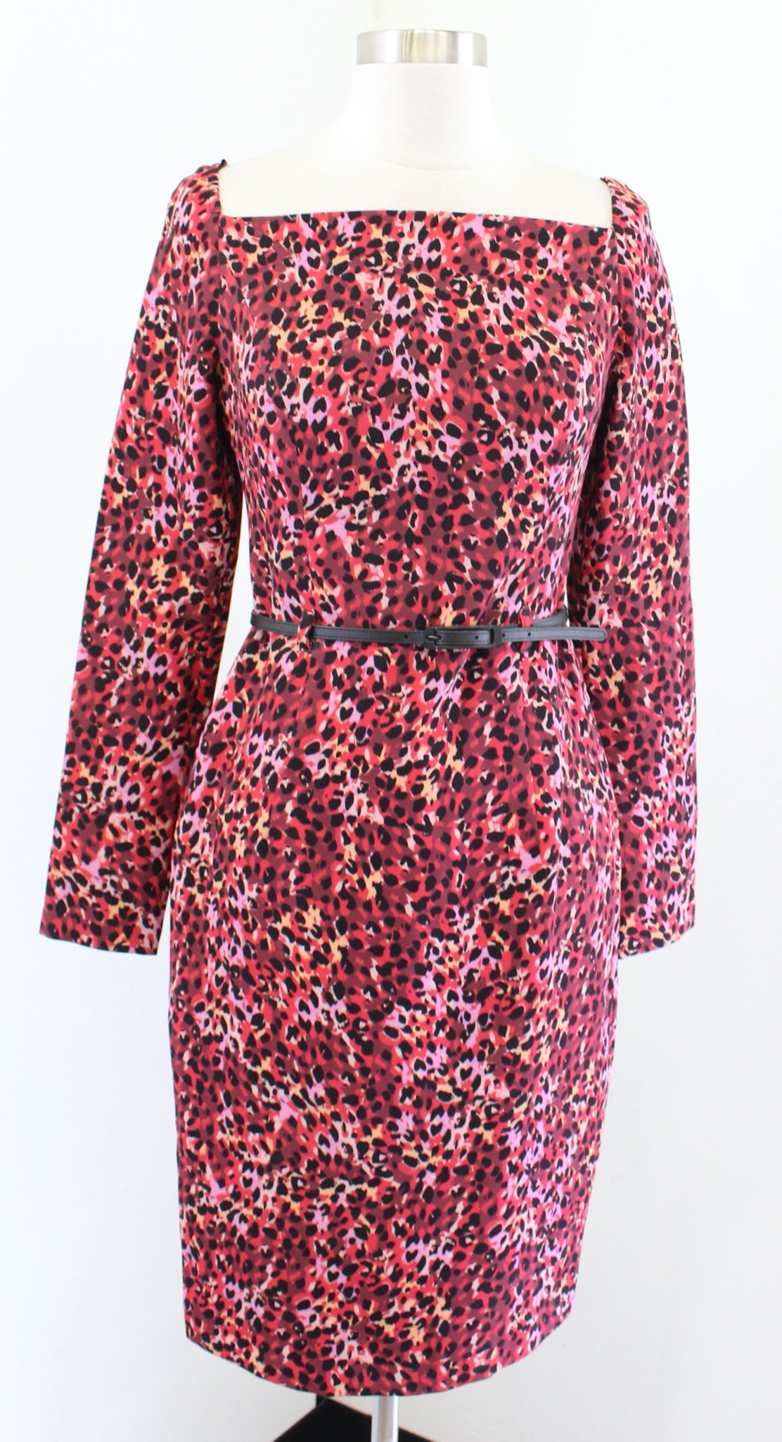 NWT Black Halo Parker Long Sleeve Leopard Print Belted Sheath Dress Size 2 Red