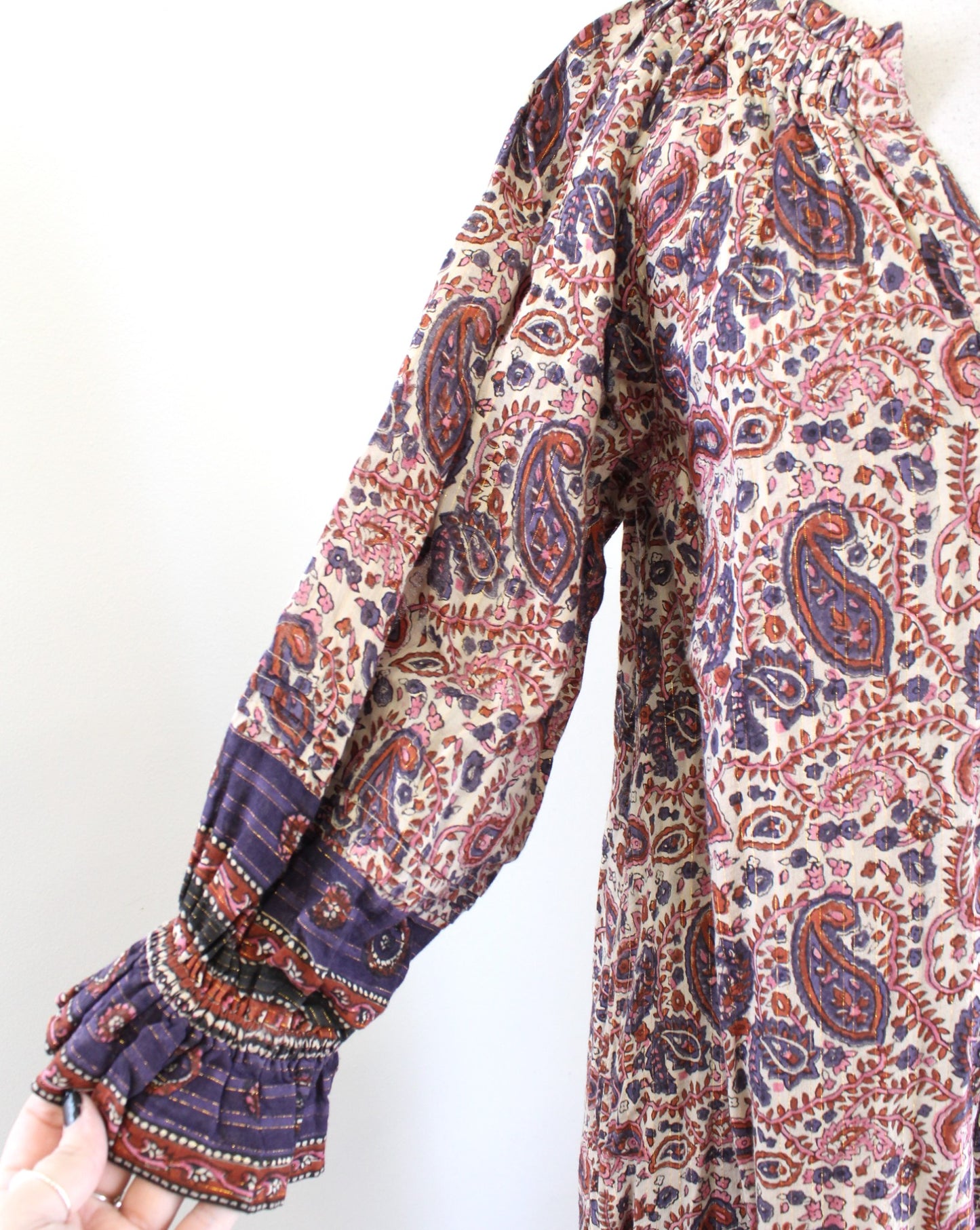 Cleobella Lola Metallic Paisley Print Ruffle Peasant Midi Dress Size XS V Neck