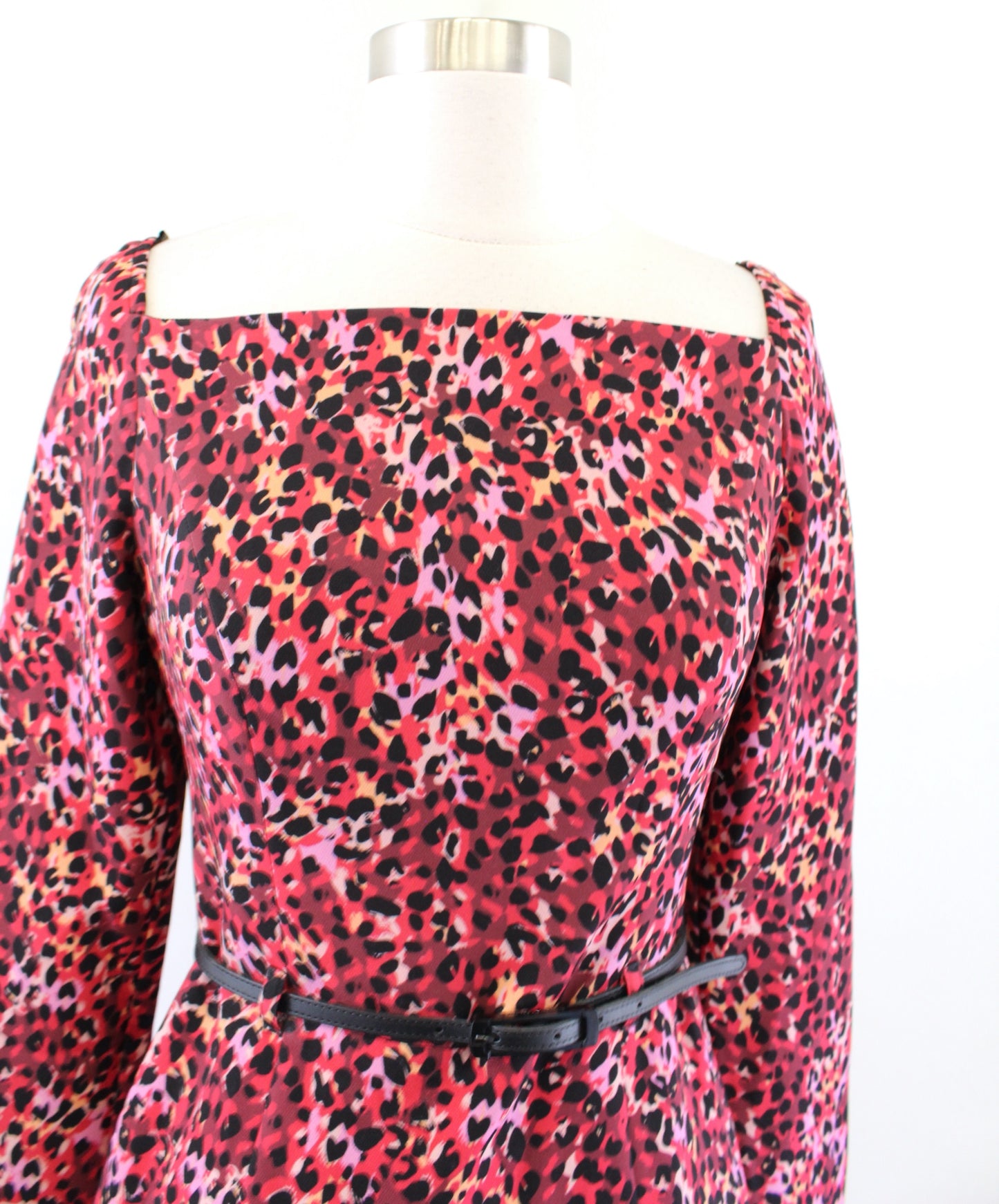 NWT Black Halo Parker Long Sleeve Leopard Print Belted Sheath Dress Size 2 Red