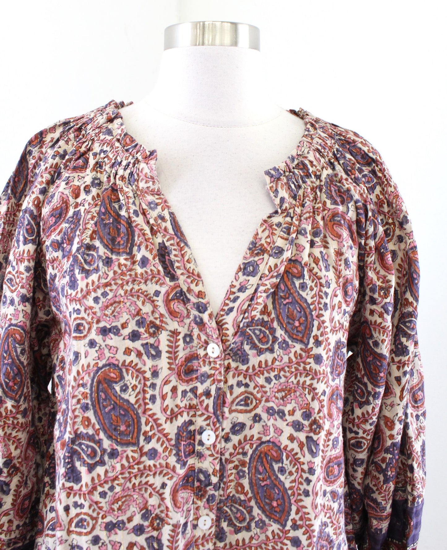 Cleobella Lola Metallic Paisley Print Ruffle Peasant Midi Dress Size XS V Neck