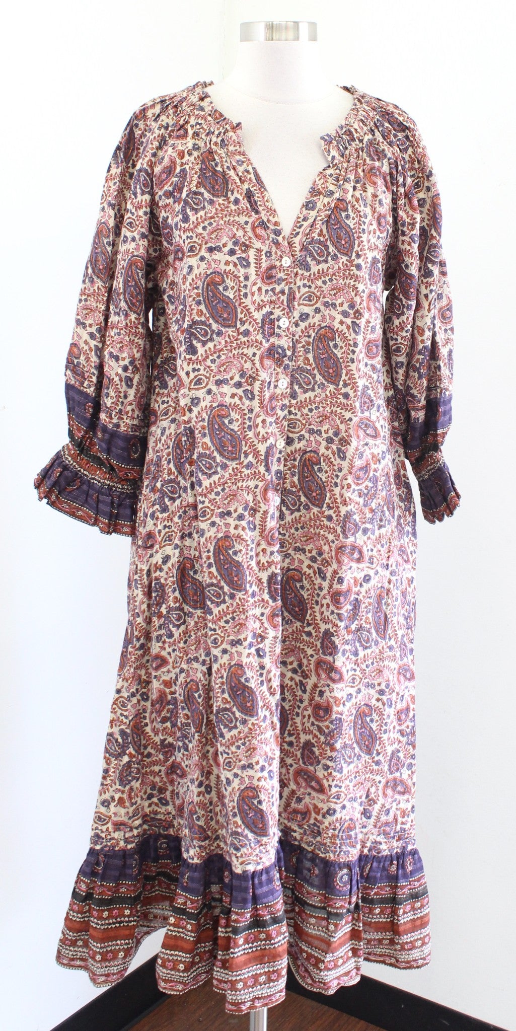 Cleobella Lola Metallic Paisley Print Ruffle Peasant Midi Dress Size XS V Neck