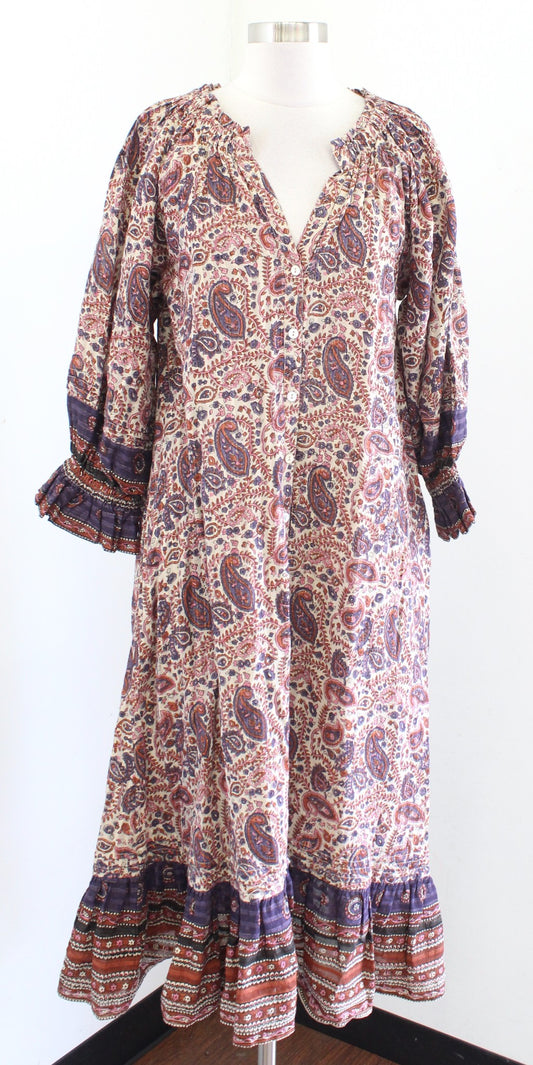 Cleobella Lola Metallic Paisley Print Ruffle Peasant Midi Dress Size XS V Neck