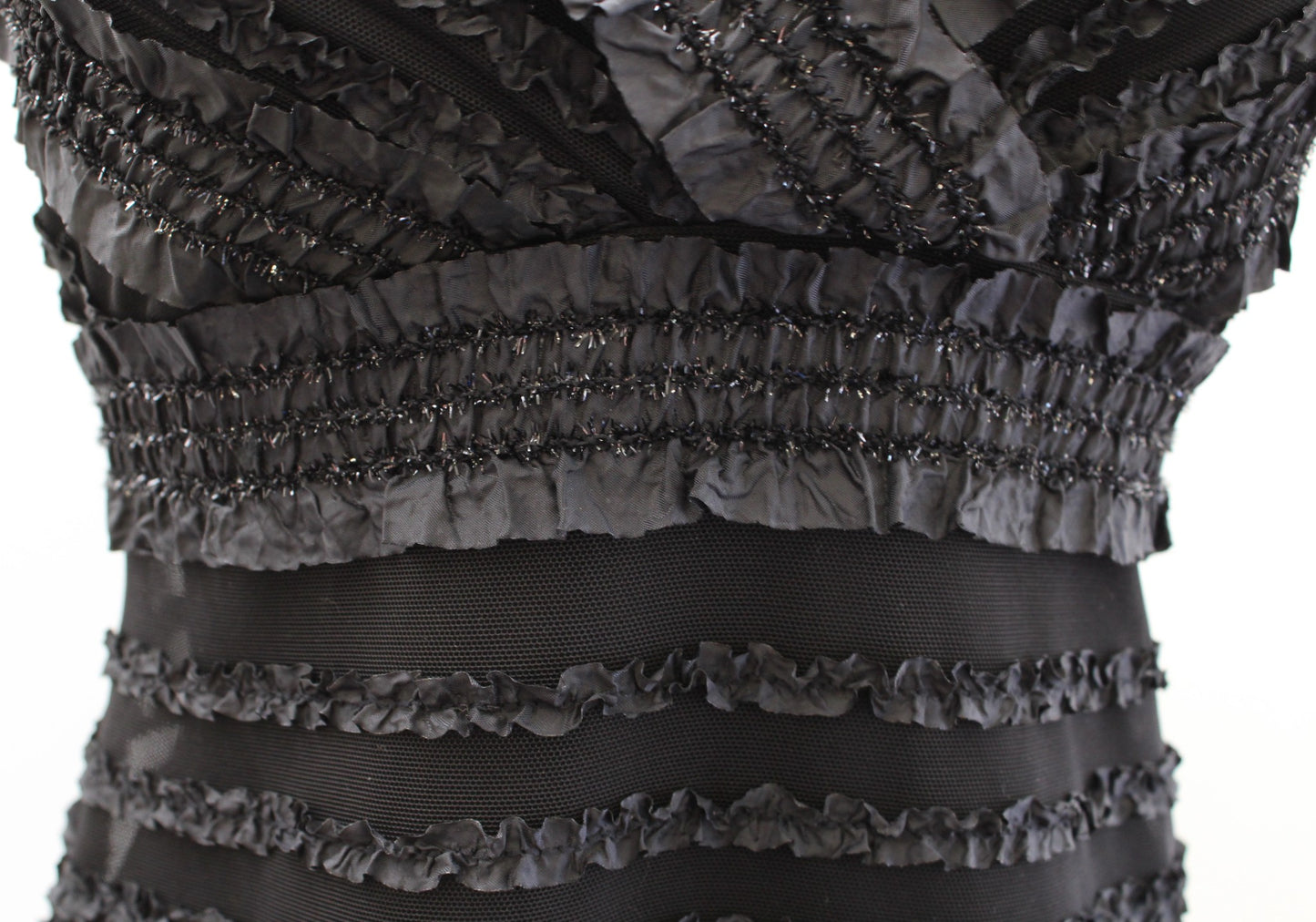 Vtg 90s Tadashi Black Mesh Metallic Ruffle Striped V Neck Cocktail Party Dress 4