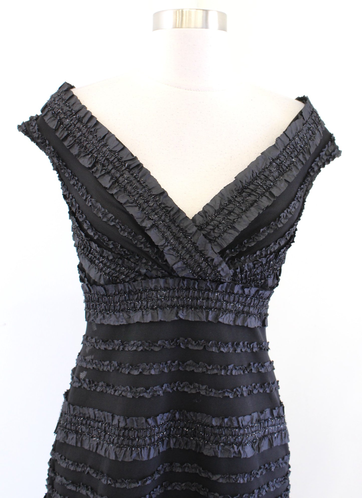 Vtg 90s Tadashi Black Mesh Metallic Ruffle Striped V Neck Cocktail Party Dress 4