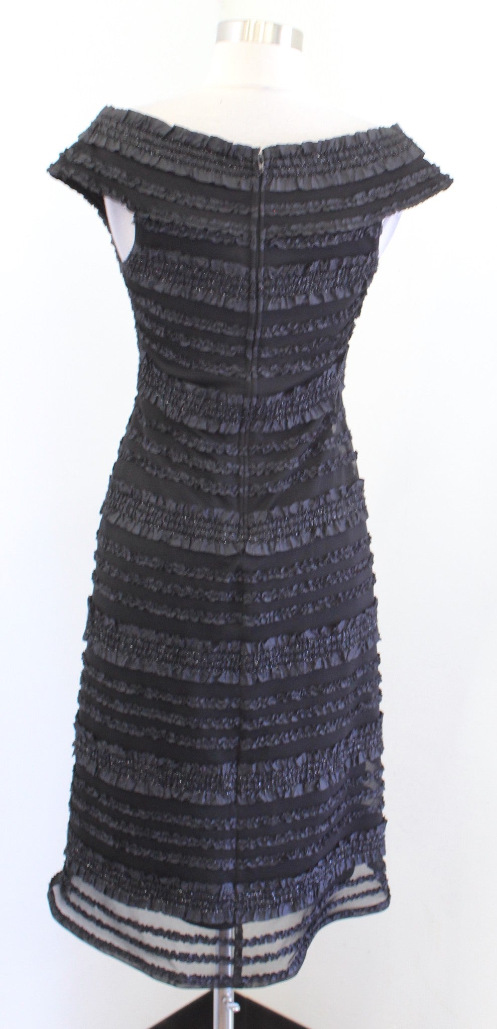 Vtg 90s Tadashi Black Mesh Metallic Ruffle Striped V Neck Cocktail Party Dress 4