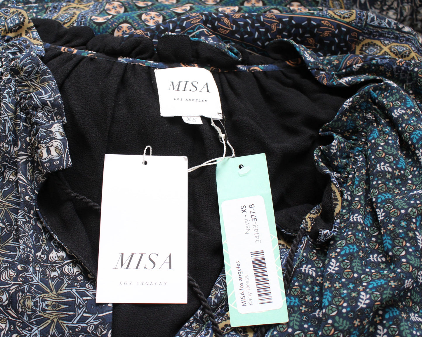 NWT Misa Los Angeles Navy Green Mixed Print Drawstring Tie Waist Shift Dress XS