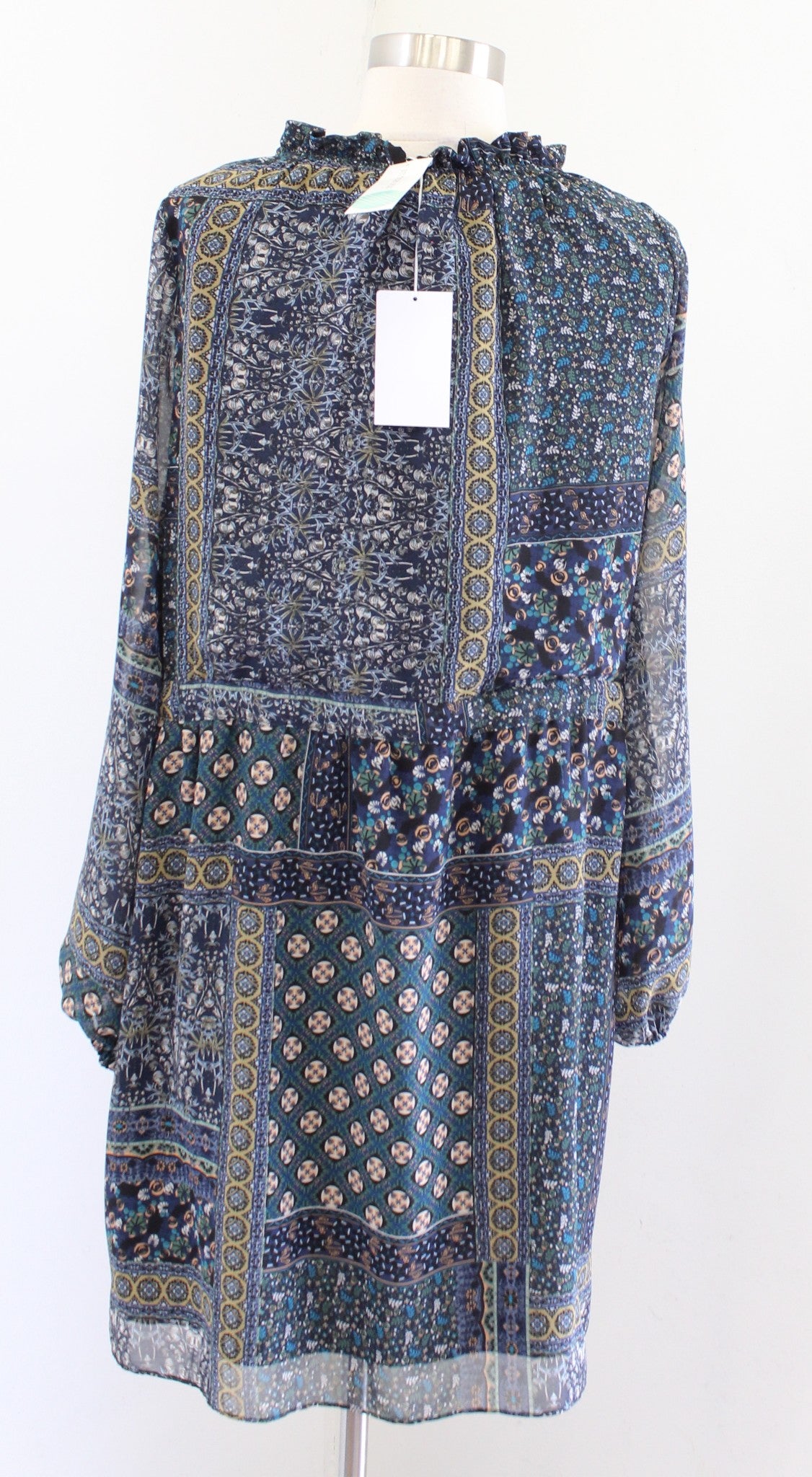 NWT Misa Los Angeles Navy Green Mixed Print Drawstring Tie Waist Shift Dress XS