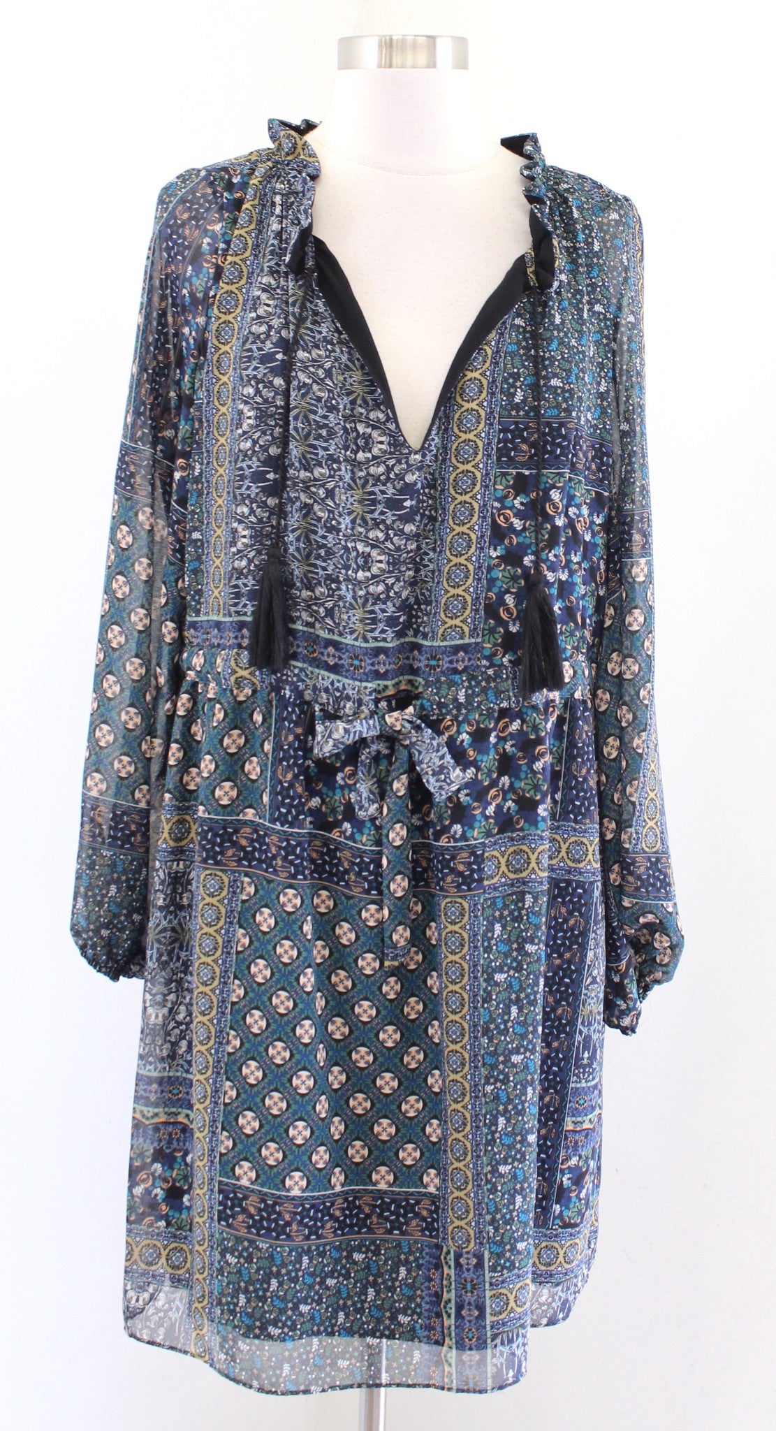 NWT Misa Los Angeles Navy Green Mixed Print Drawstring Tie Waist Shift Dress XS