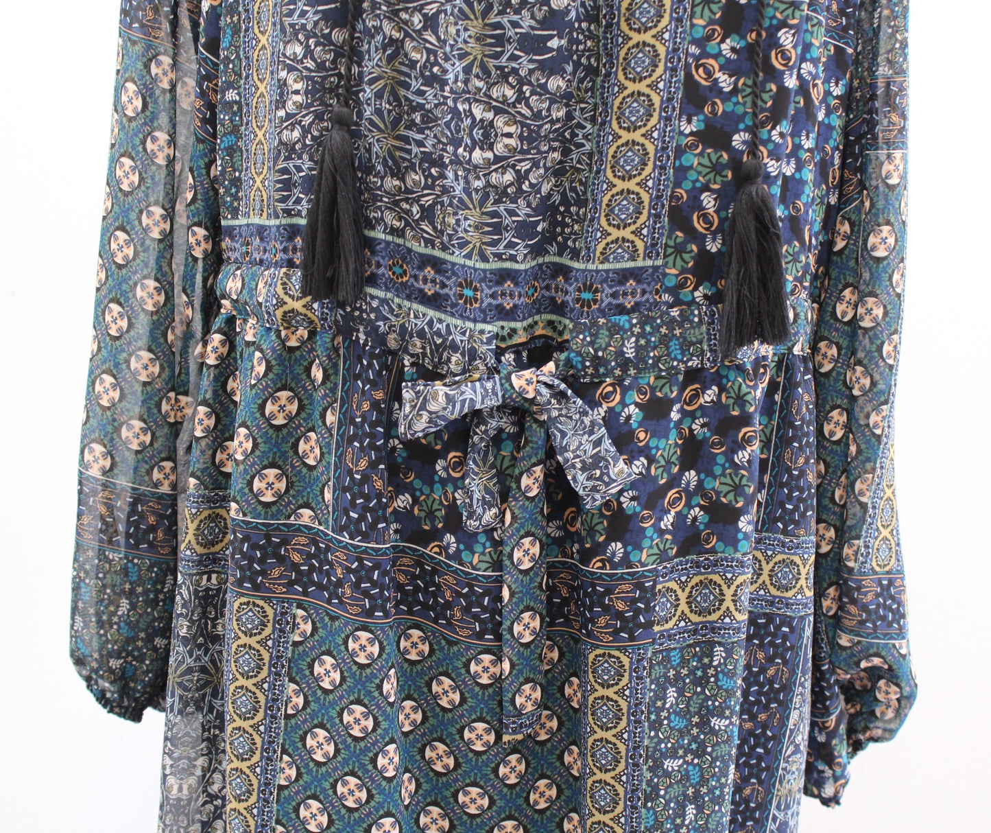 NWT Misa Los Angeles Navy Green Mixed Print Drawstring Tie Waist Shift Dress XS