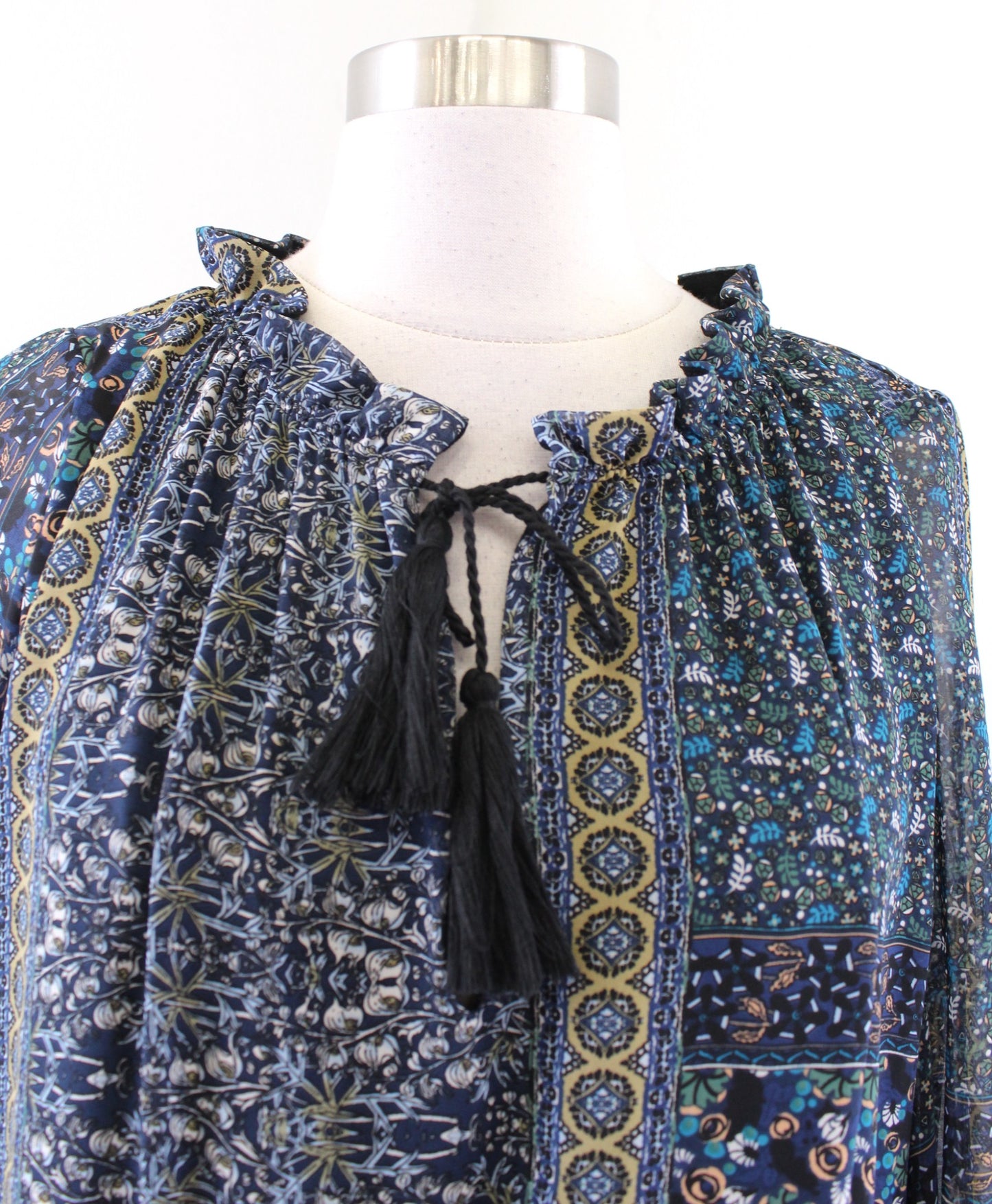 NWT Misa Los Angeles Navy Green Mixed Print Drawstring Tie Waist Shift Dress XS