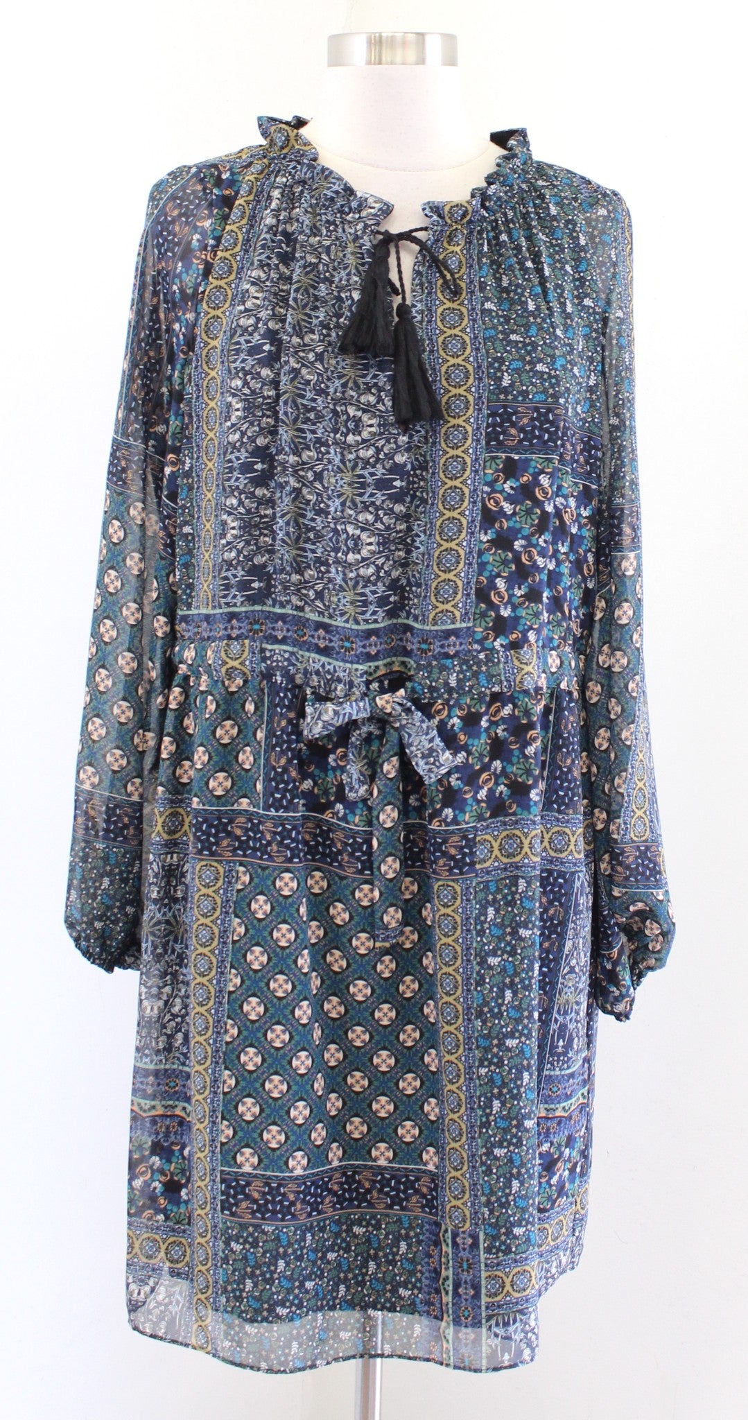 NWT Misa Los Angeles Navy Green Mixed Print Drawstring Tie Waist Shift Dress XS