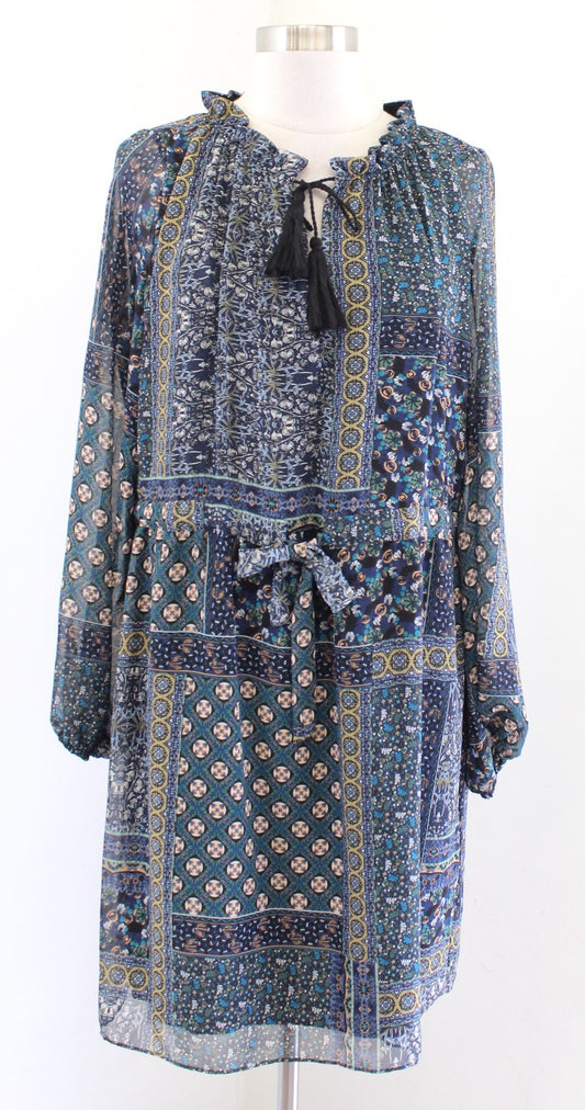 NWT Misa Los Angeles Navy Green Mixed Print Drawstring Tie Waist Shift Dress XS