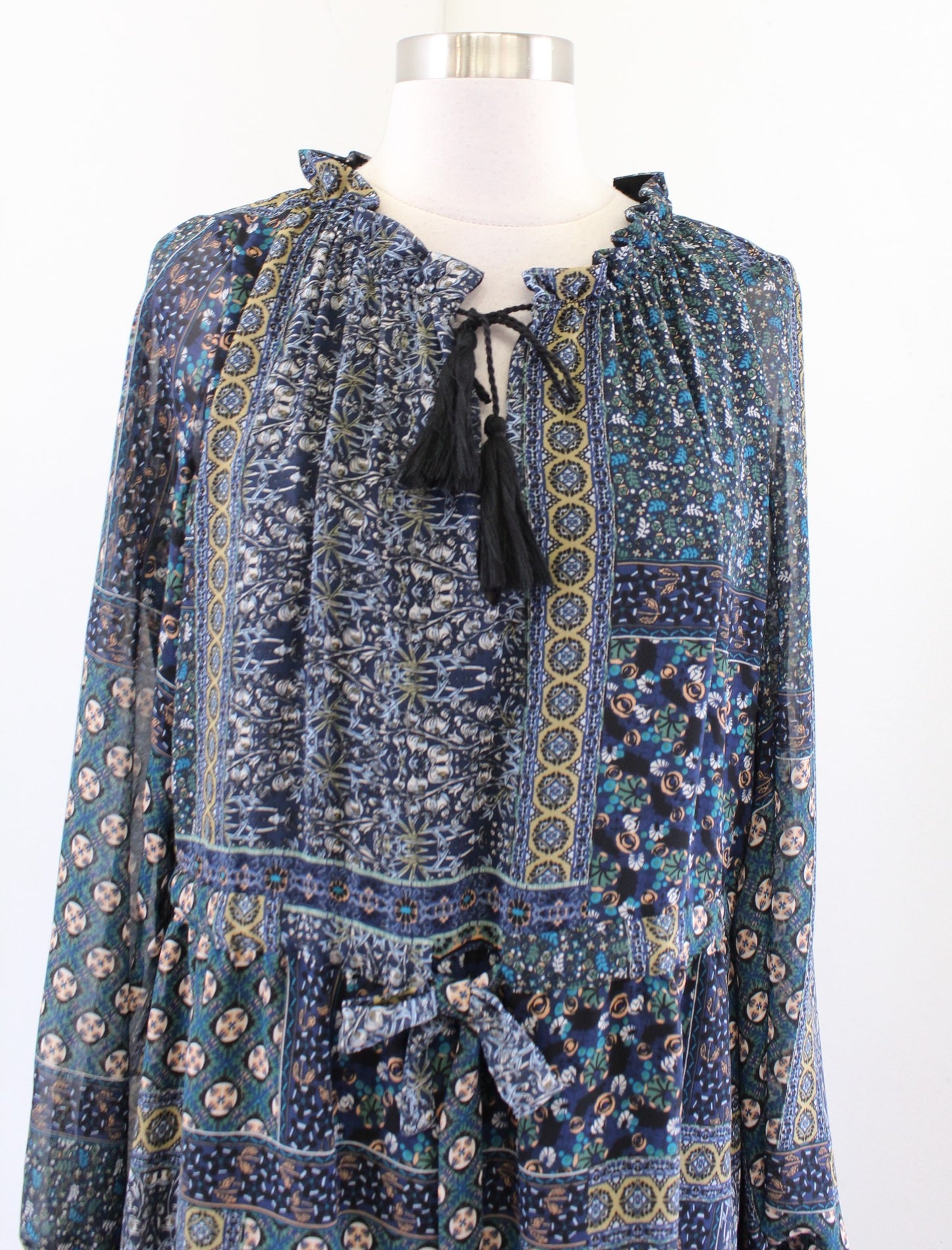 NWT Misa Los Angeles Navy Green Mixed Print Drawstring Tie Waist Shift Dress XS
