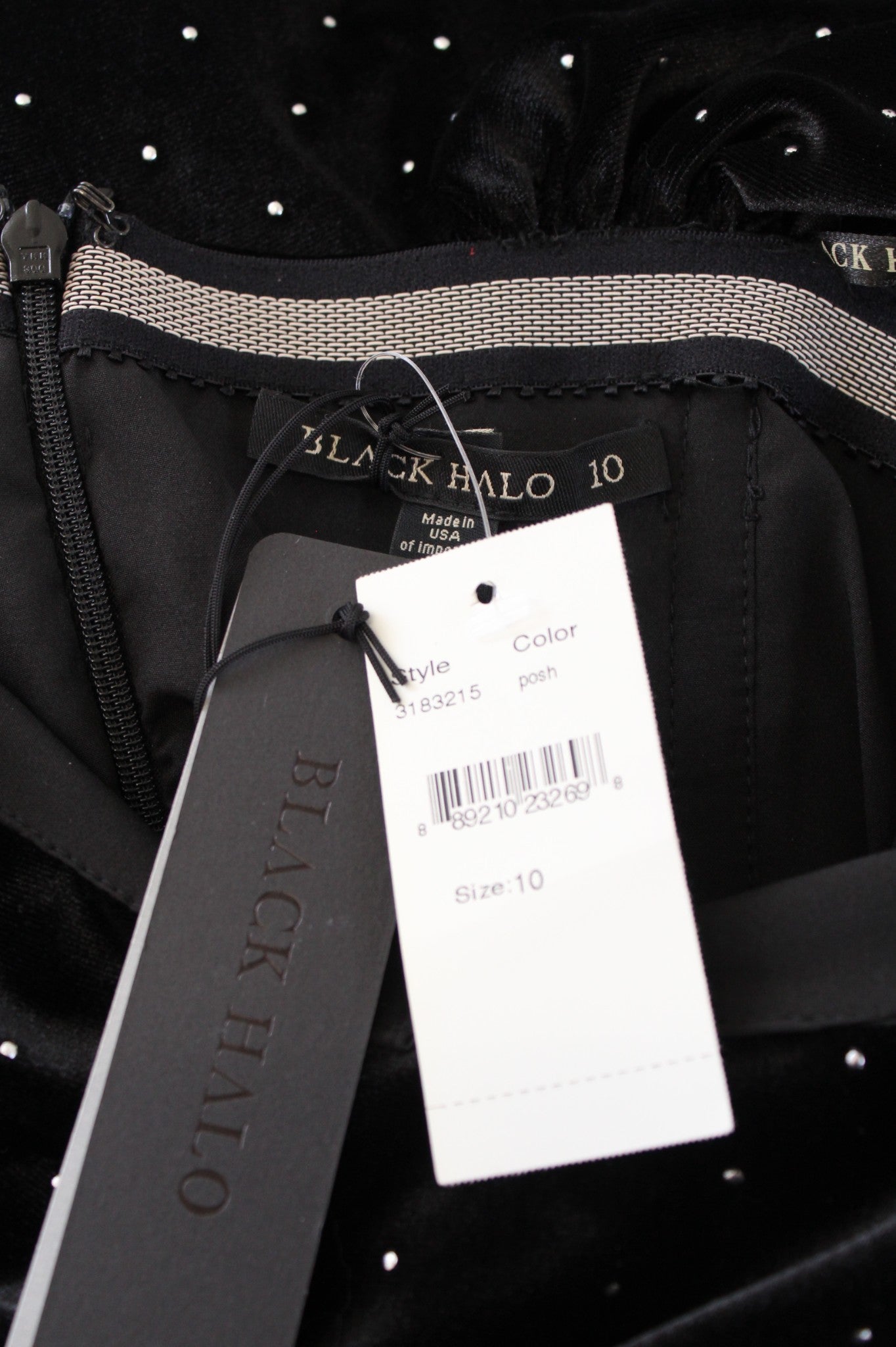 NWT Black Halo Black Velvet Silver Ruched On Off the Shoulder Cocktail Dress 10