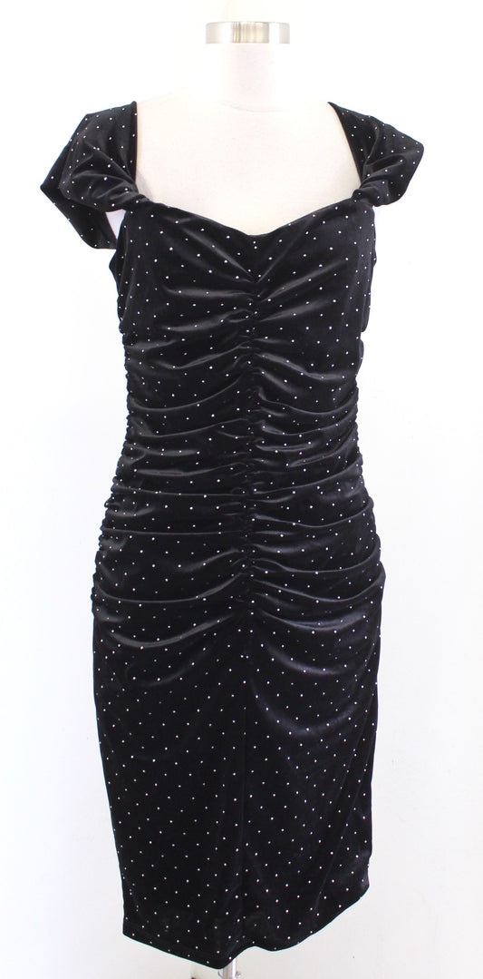 NWT Black Halo Black Velvet Silver Ruched On Off the Shoulder Cocktail Dress 10