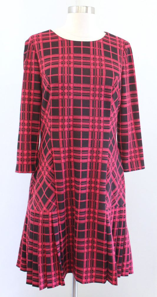 Tahari ASL Levine Red Plaid 3/4 Sleeve Pleated Hem Drop Waist Dress Size 8