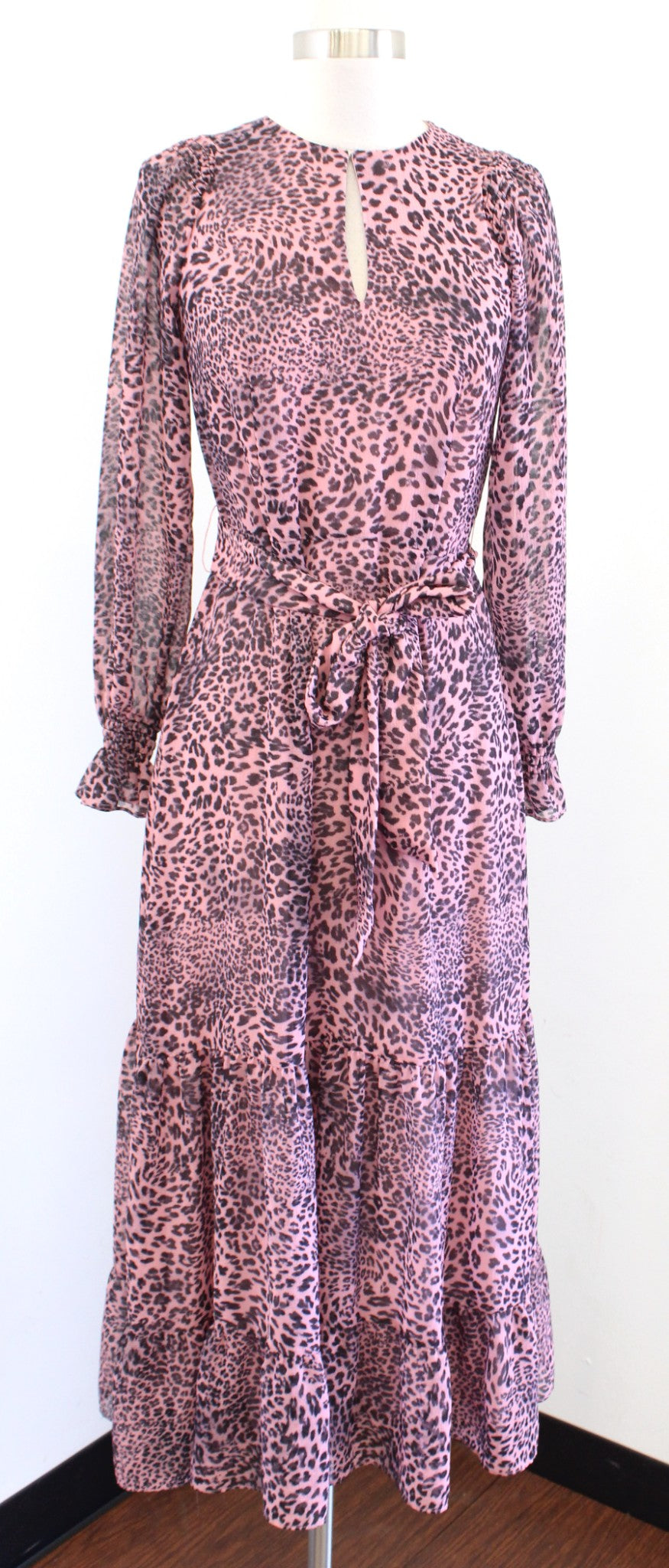 Whistles Uk Pink Black Leopard Print Keyhole Neck Tiered Maxi Dress Size US 4