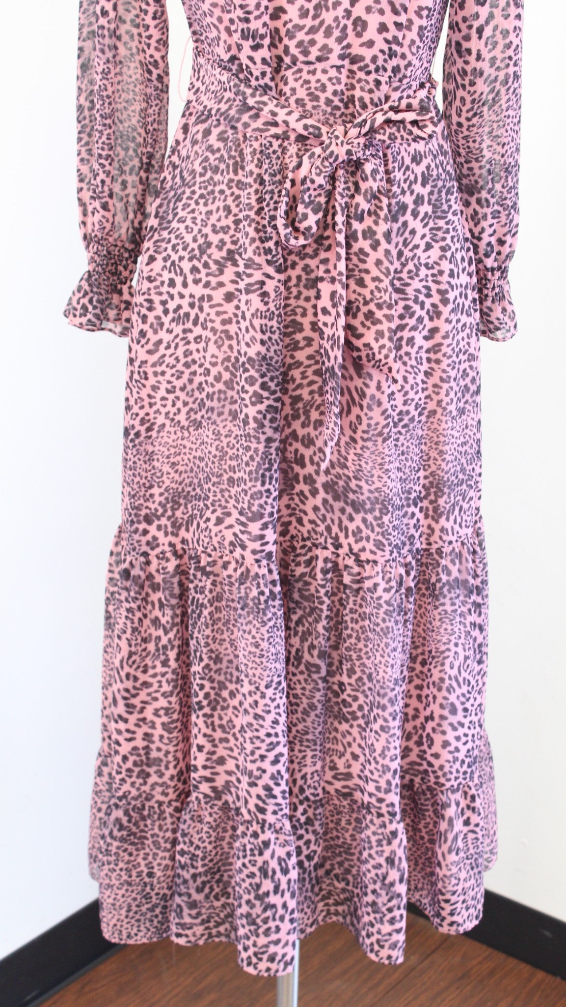 Whistles Uk Pink Black Leopard Print Keyhole Neck Tiered Maxi Dress Size US 4