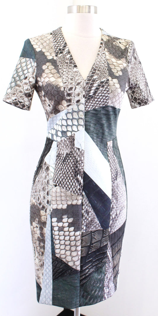 NWT $990 Yigal Azrouel Snakeskin Print Scuba Sheath Dress Sz 4 Green Gray Brown