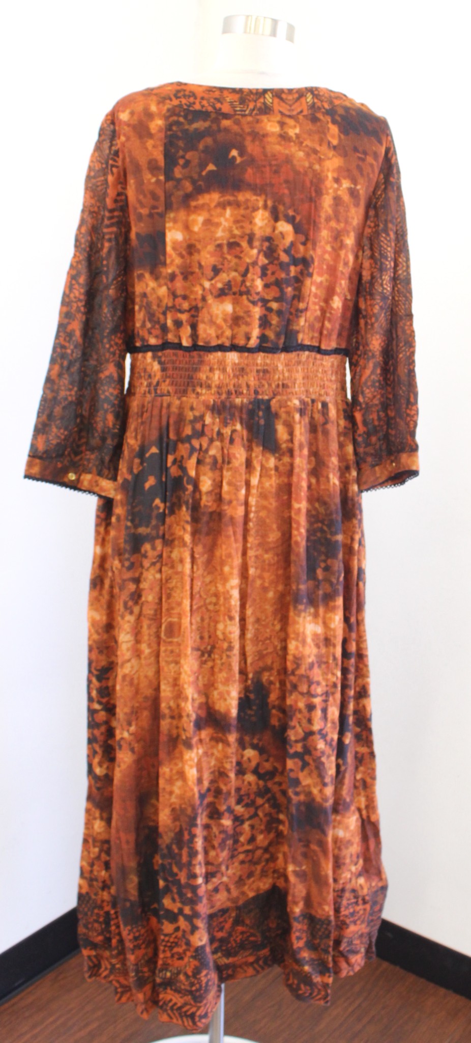 Soft Surroundings Orange Black Abstract Print Venetian Maxi Dress Size 8 Boho