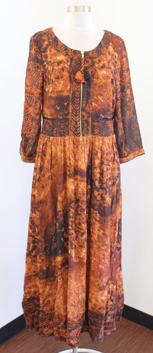 Soft Surroundings Orange Black Abstract Print Venetian Maxi Dress Size 8 Boho