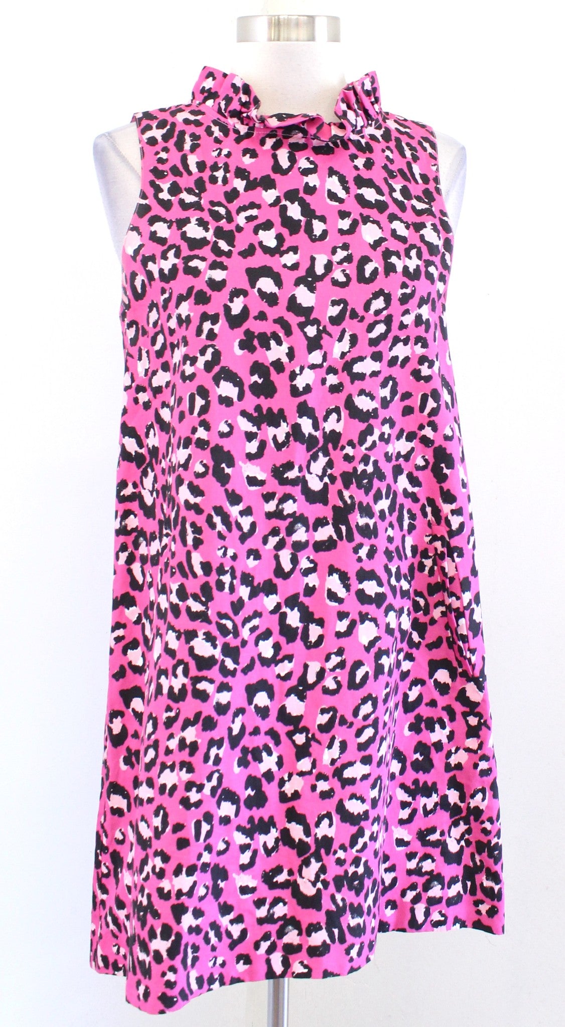 Tyler Boe Pink Leopard Print Linen Blend Ruffle Tie Neck Swing Dress Size S