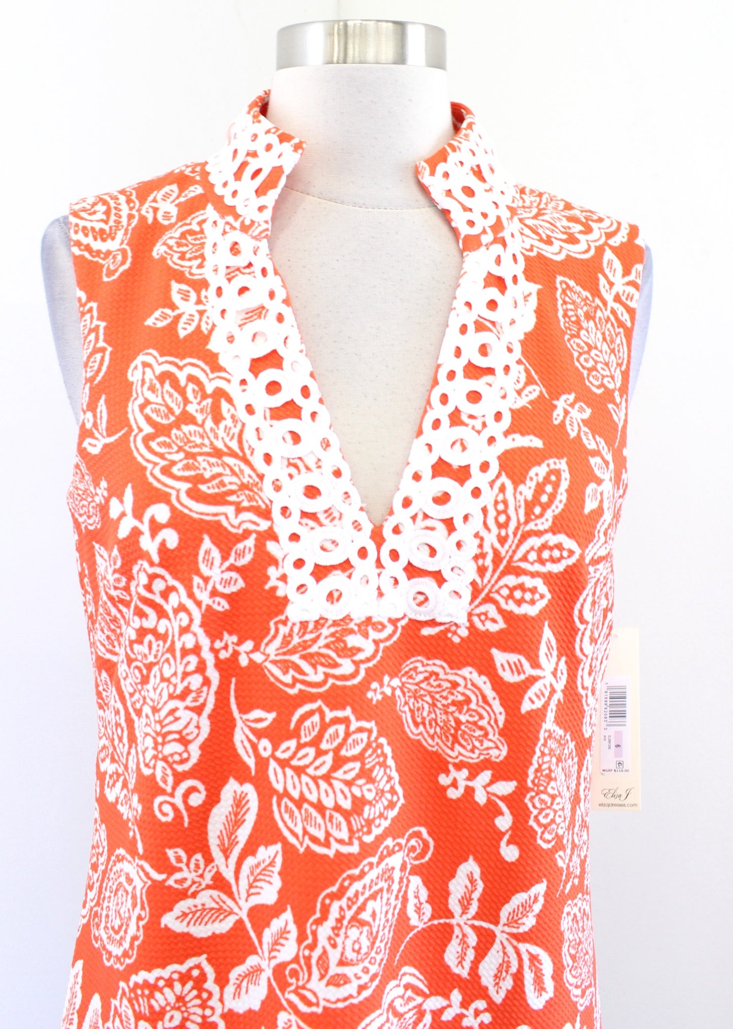 NWT Eliza J Orange White Floral Lace Trim Floral Tunic Dress Size 6 Casual