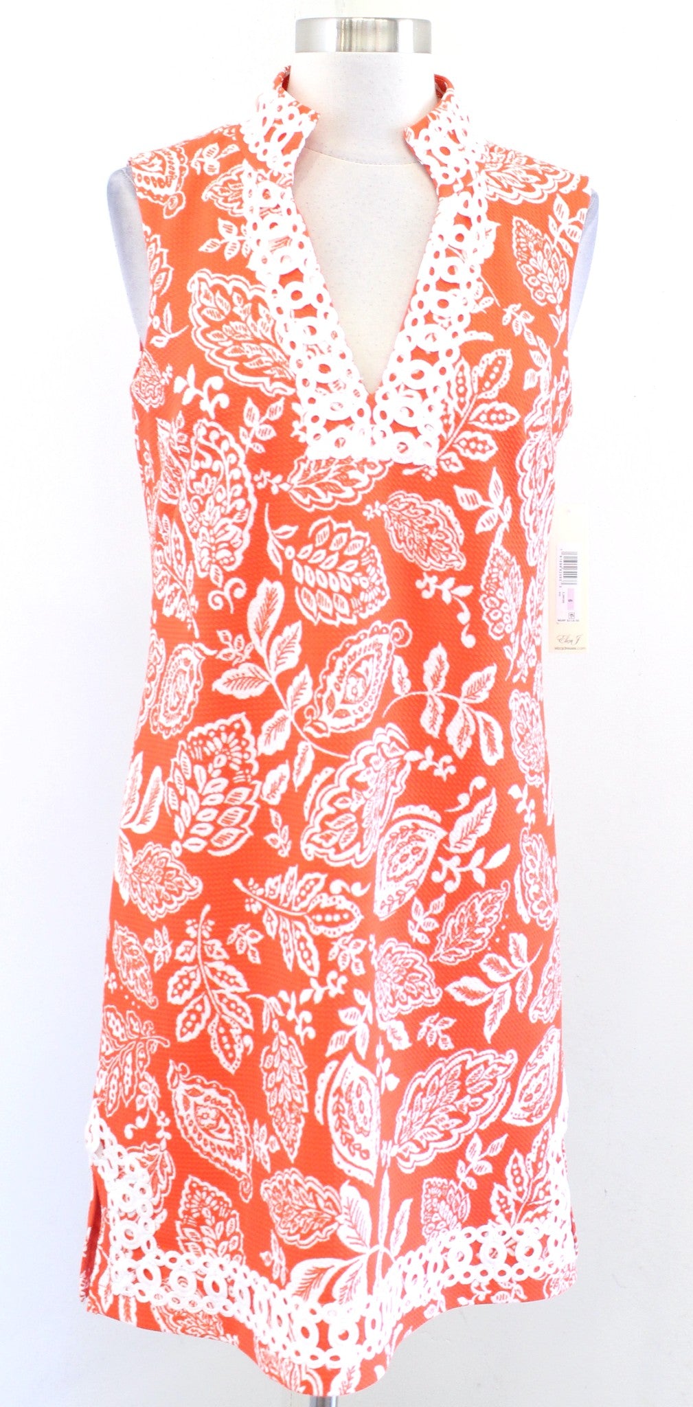 NWT Eliza J Orange White Floral Lace Trim Floral Tunic Dress Size 6 Casual