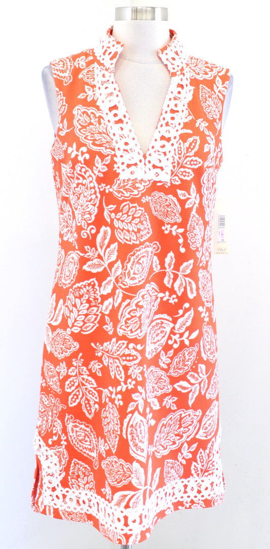 NWT Eliza J Orange White Floral Lace Trim Floral Tunic Dress Size 6 Casual