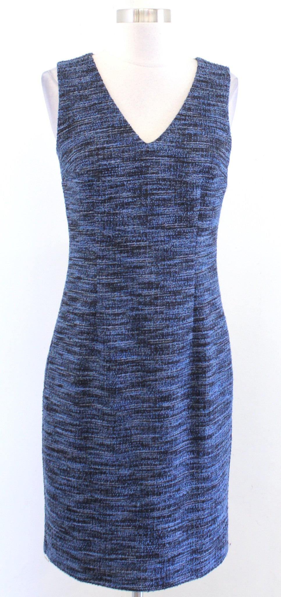 NWT Ann Taylor Factory Blue Black Tweed Knit V Neck Sheath Dress Size 2 Career