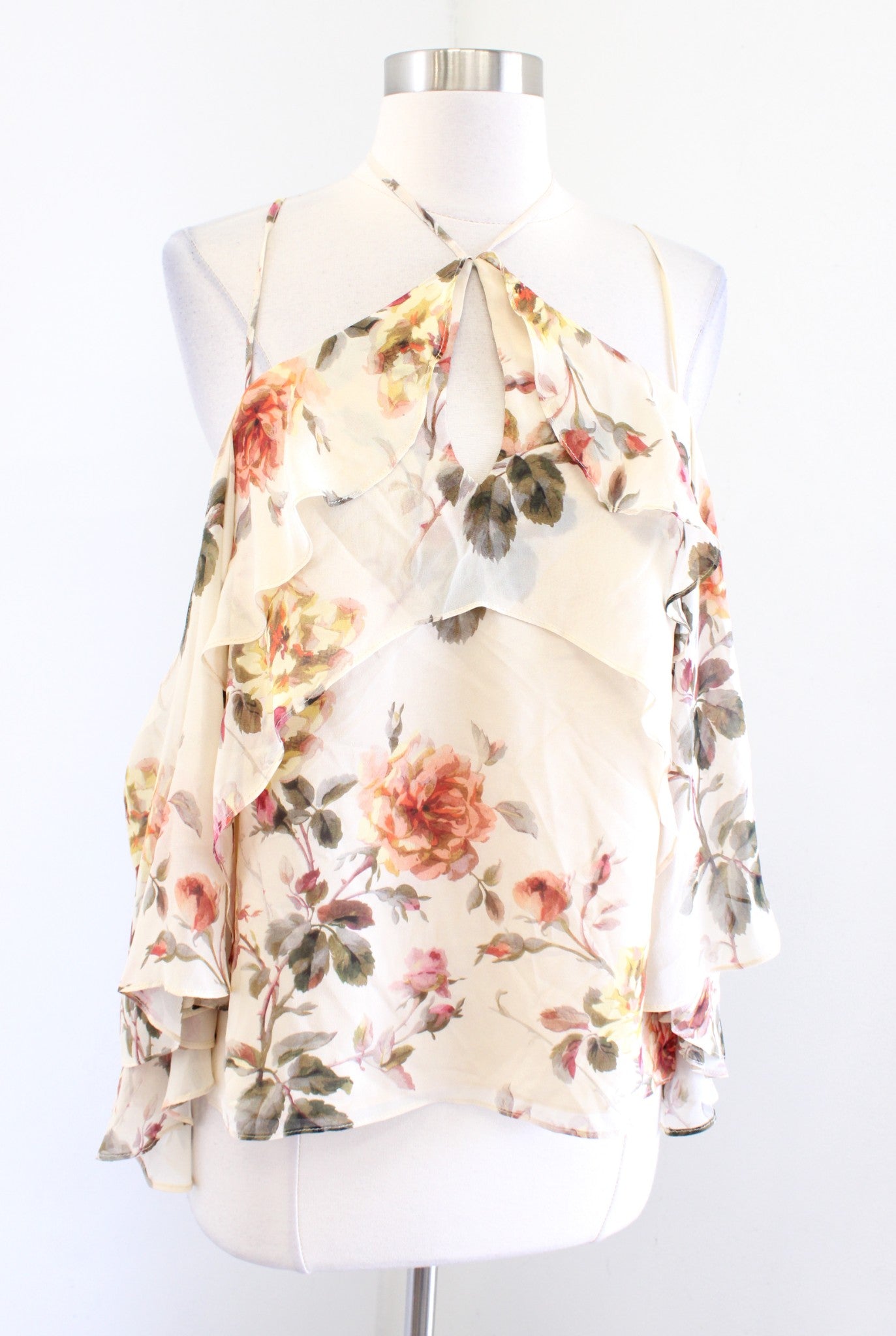 Intermix Ally Floral Ruffle Open Shoulder Silk Halter Tie Top Blouse Size S