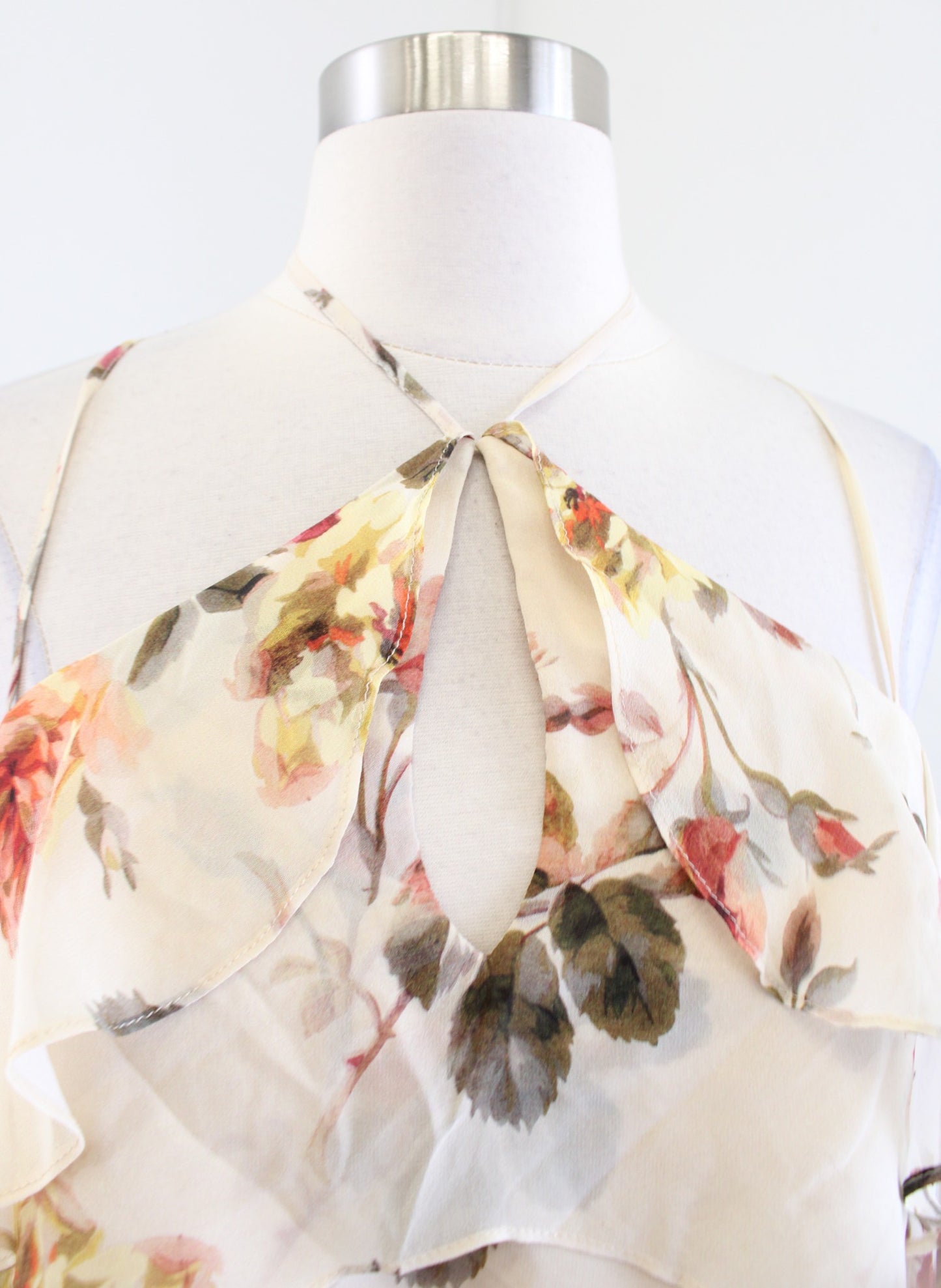 Intermix Ally Floral Ruffle Open Shoulder Silk Halter Tie Top Blouse Size S