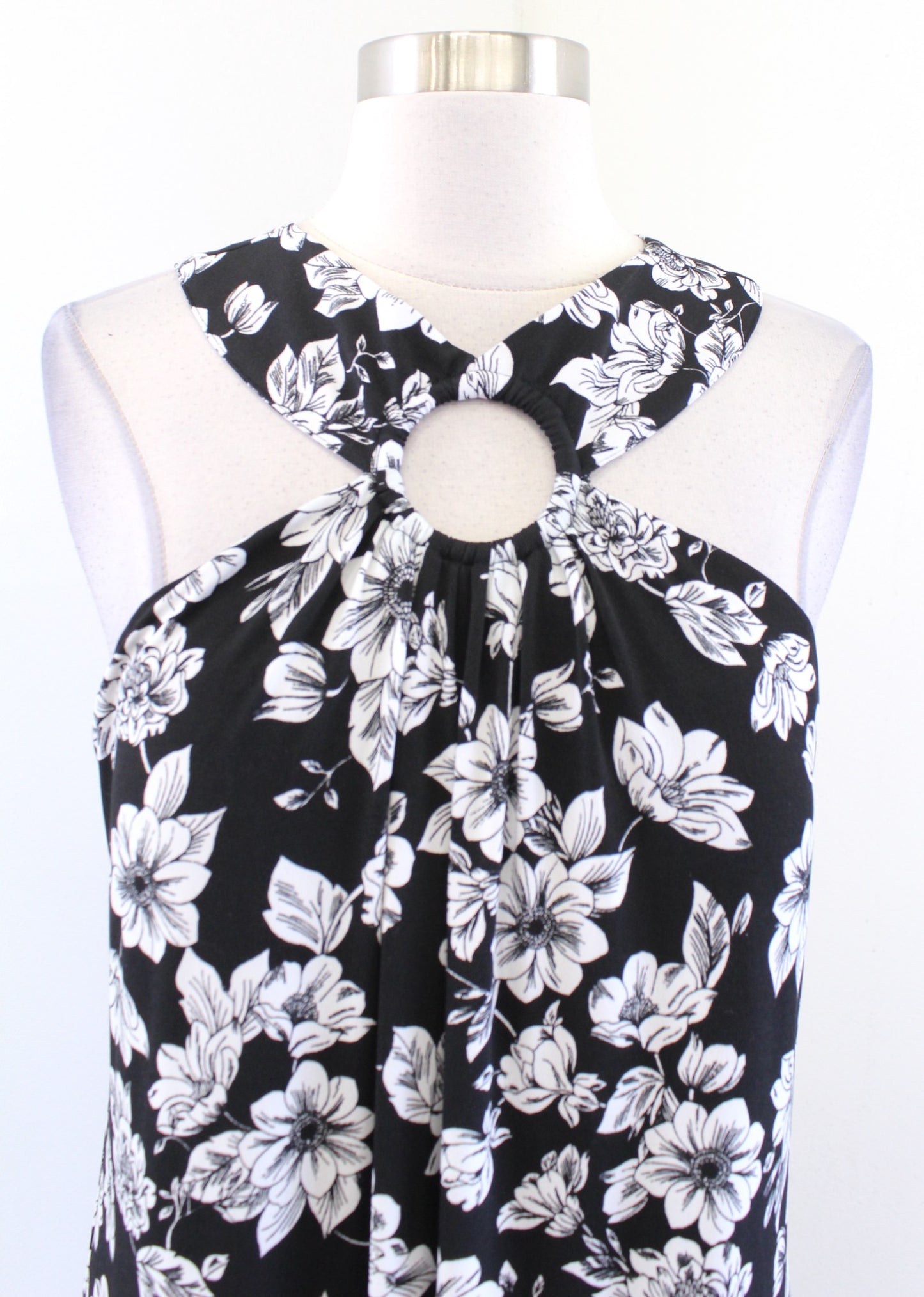 Soma Black White Floral Halter Ring Jersey Dress w/ Bra Size L Casual Summer