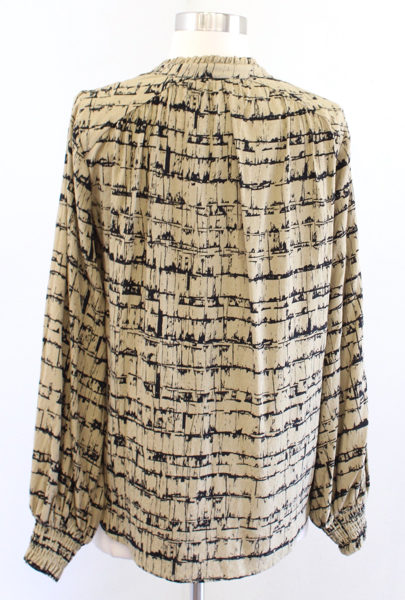 Maeve Anthropologie Tan Black Printed Popover Blouse Top Size XS Split Neck