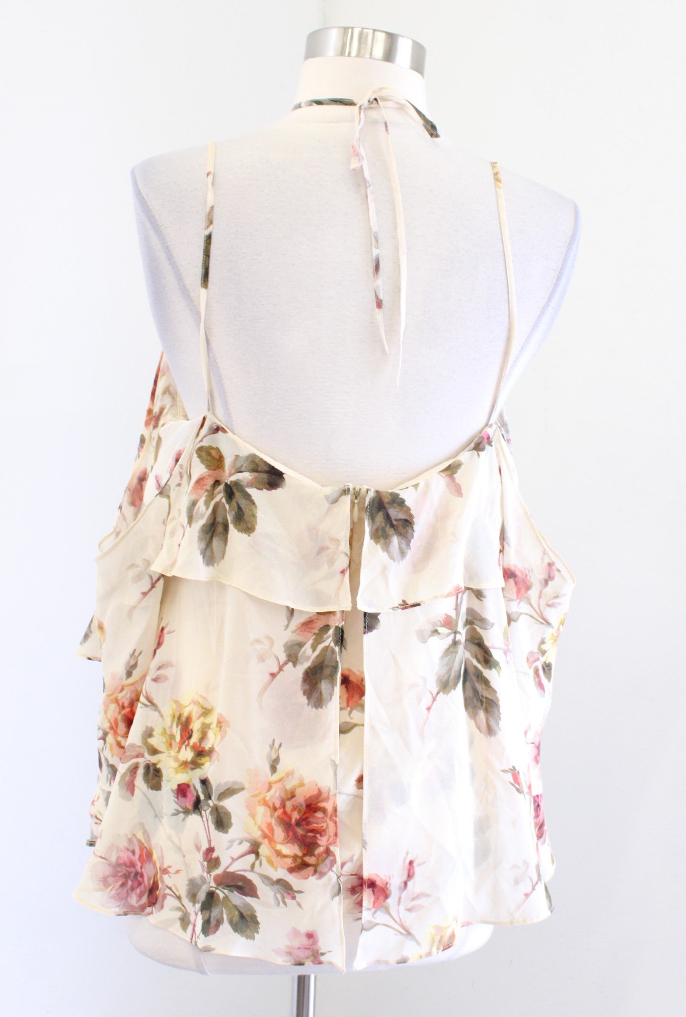 Intermix Ally Floral Ruffle Open Shoulder Silk Halter Tie Top Blouse Size S