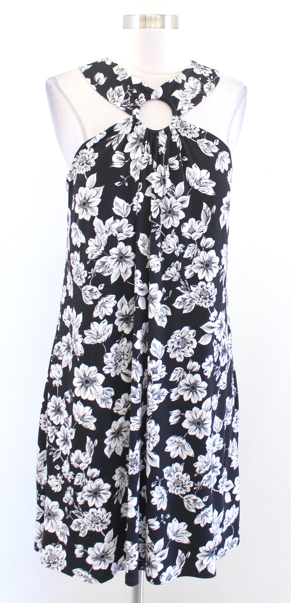 Soma Black White Floral Halter Ring Jersey Dress w/ Bra Size L Casual Summer